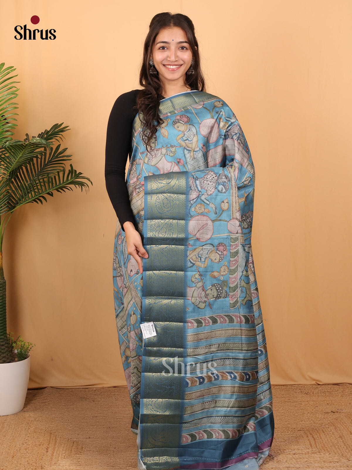 Blue - Chennur-Print Saree - Shop on Shrus.com