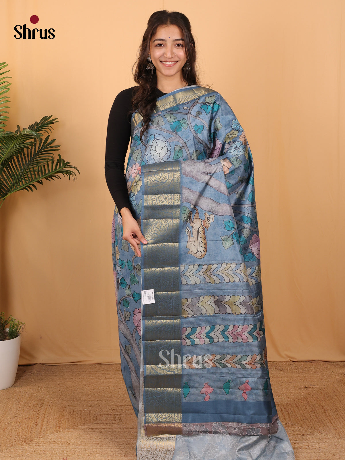 Blue - Chennur-Print Saree - Shop on Shrus.com