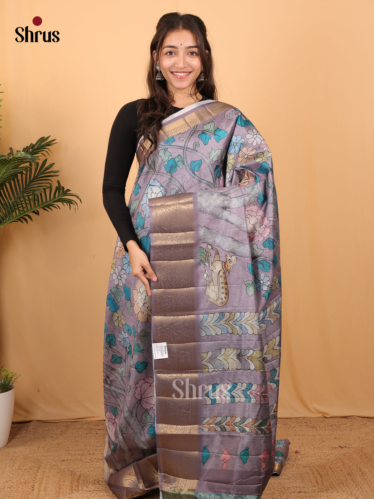 Purple - Chennur-Print Saree - Shop on Shrus.com