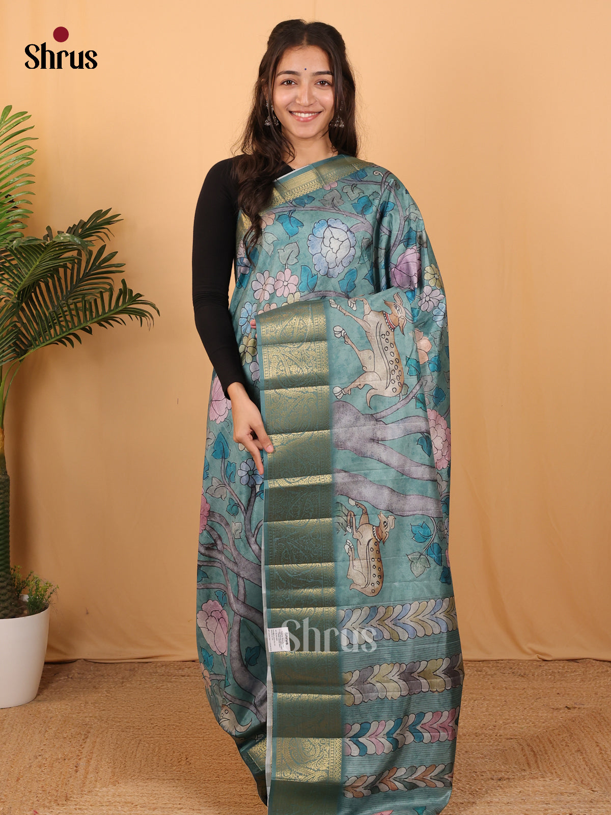 Aqua Blue - Chennur-Print Saree - Shop on Shrus.com