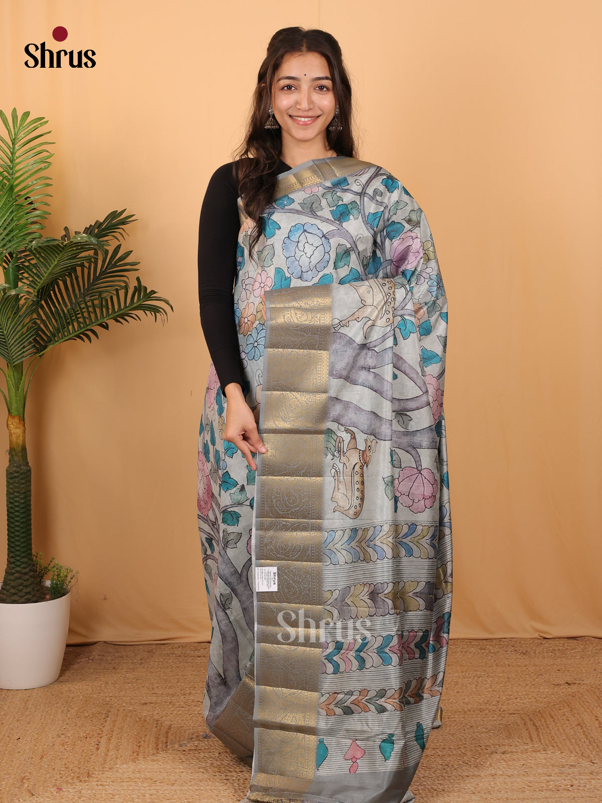 Grey - Chennur-Print Saree - Shop on Shrus.com