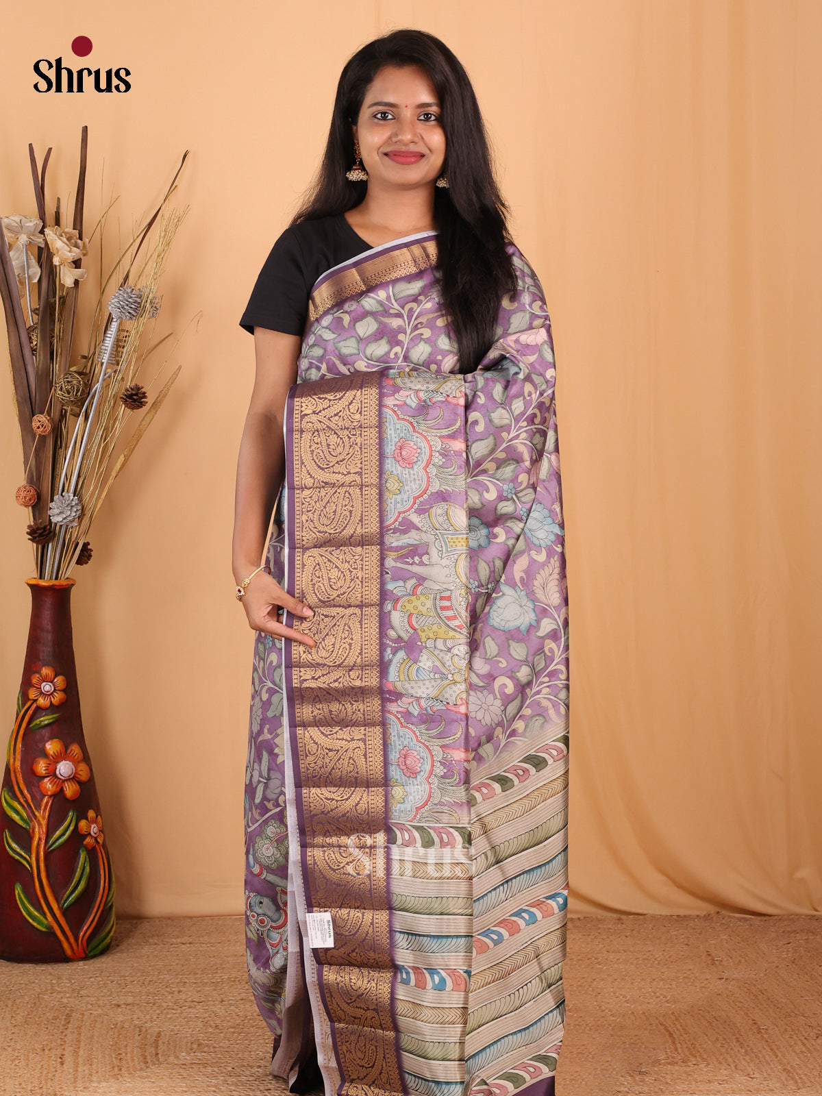 Purple - Chennur-Print Saree - Shop on Shrus.com