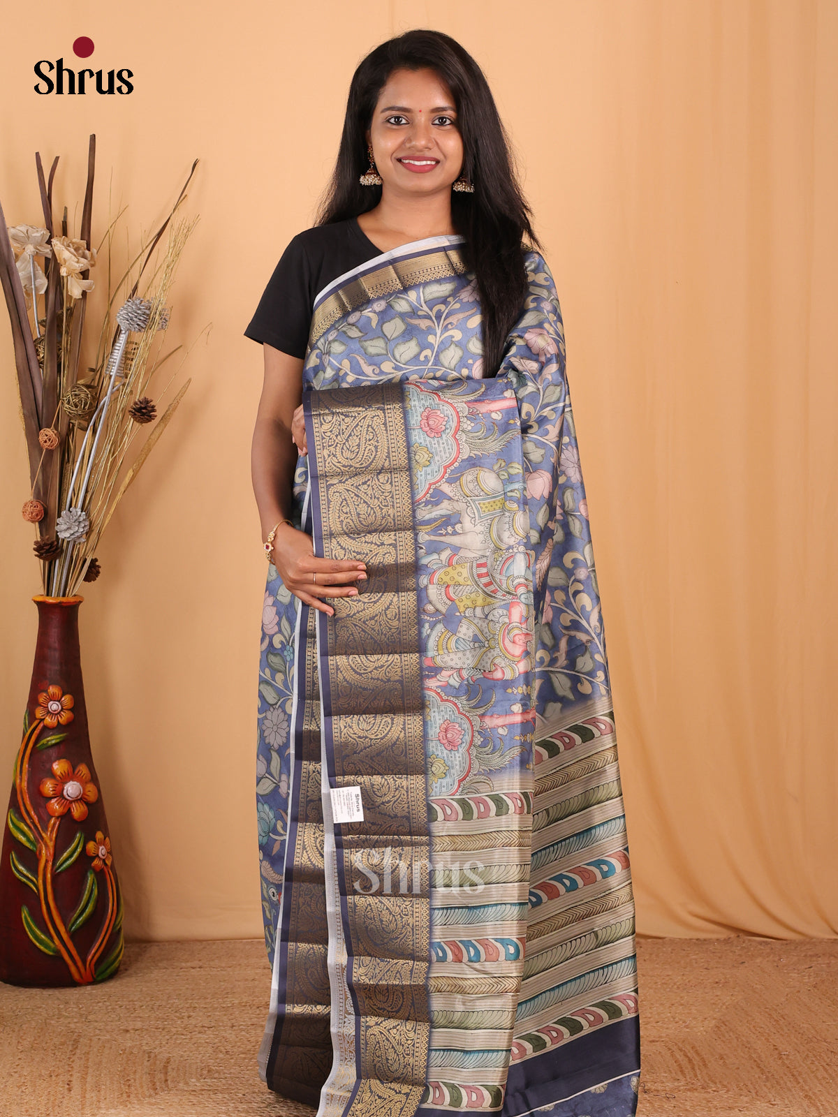 Blue - Chennur-Print Saree - Shop on Shrus.com