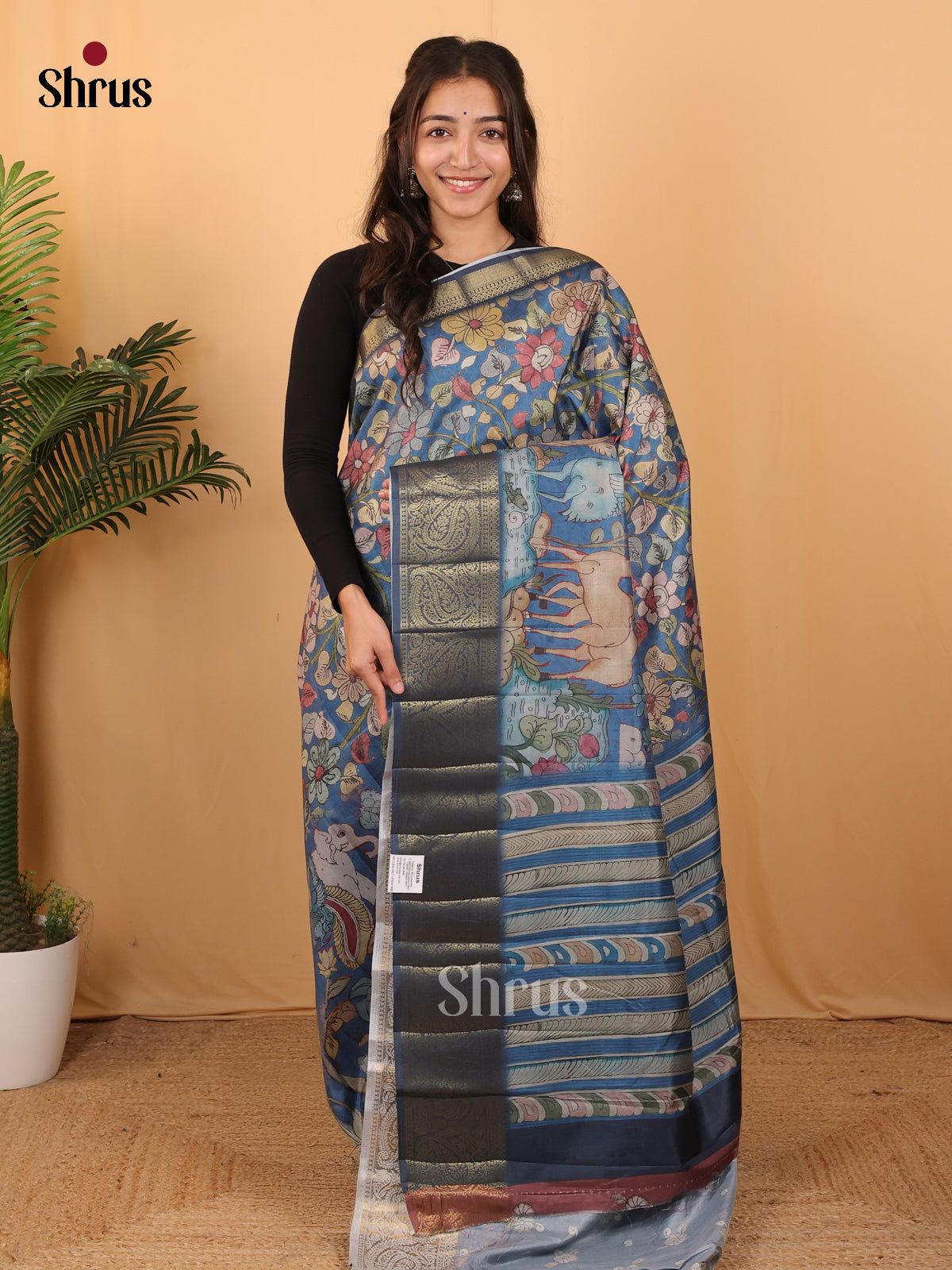 Blue - Chennur-Print Saree - Shop on Shrus.com