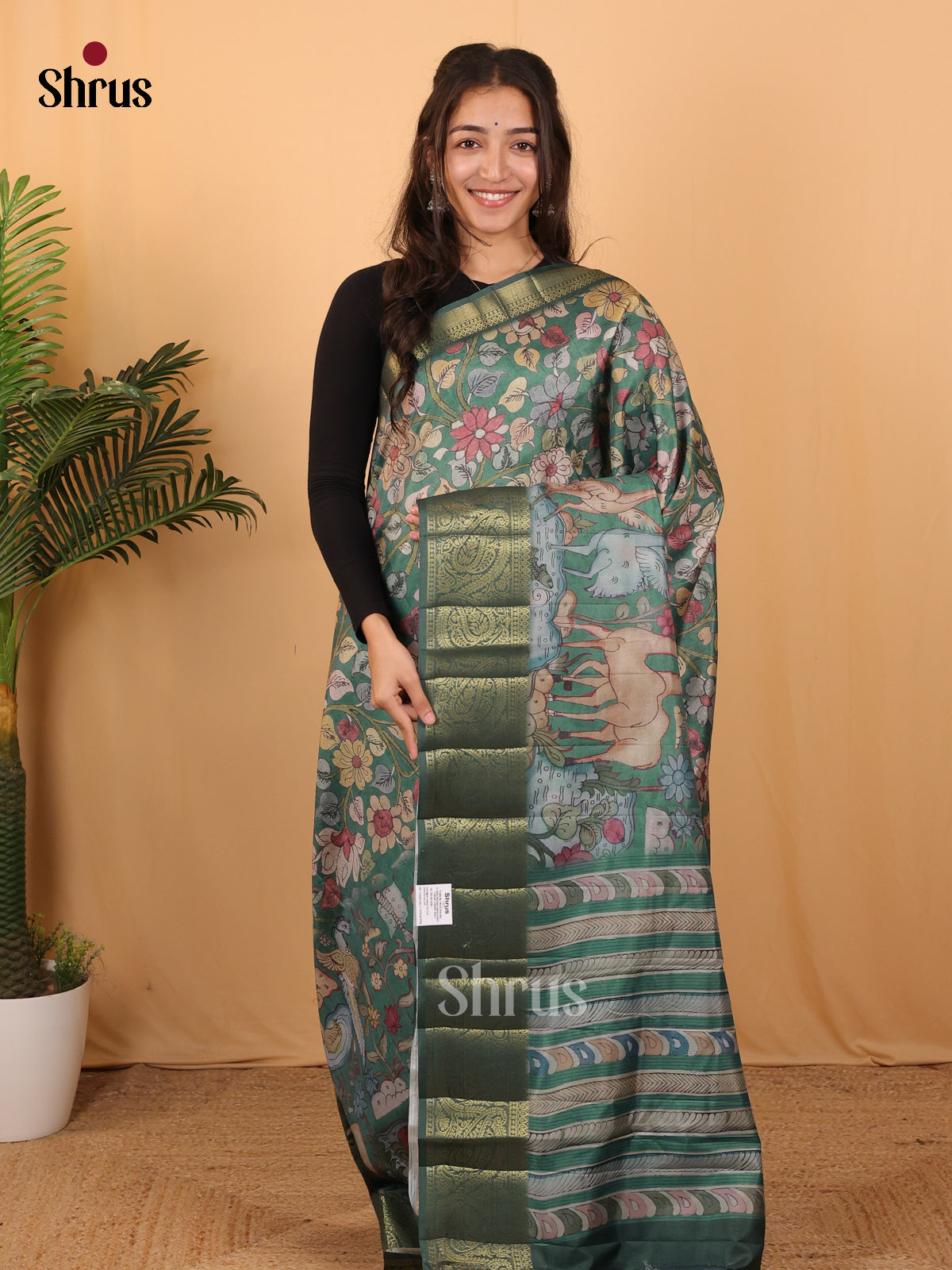 Green - Chennur-Print Saree - Shop on Shrus.com