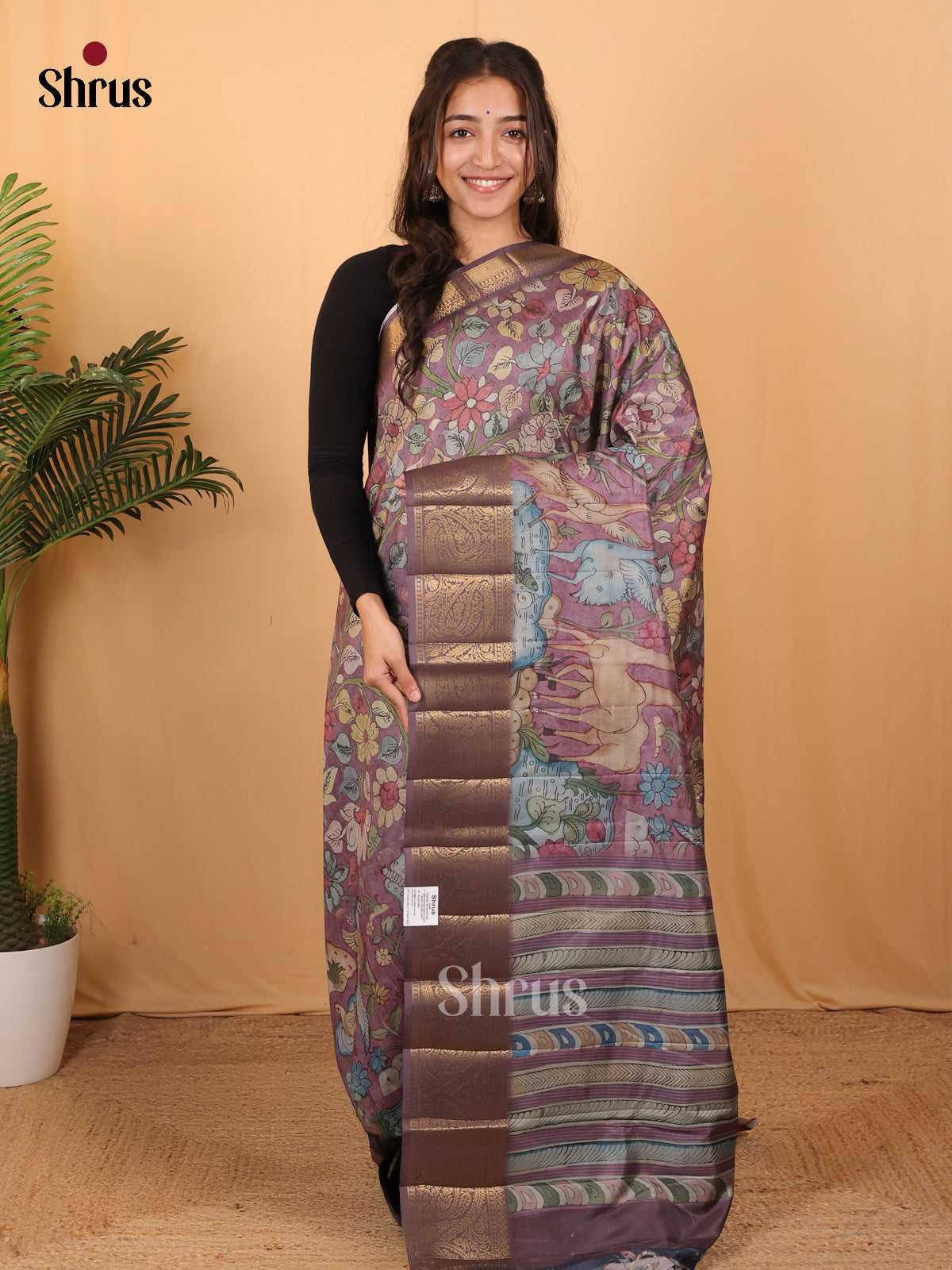 Purple - Chennur-Print Saree - Shop on Shrus.com