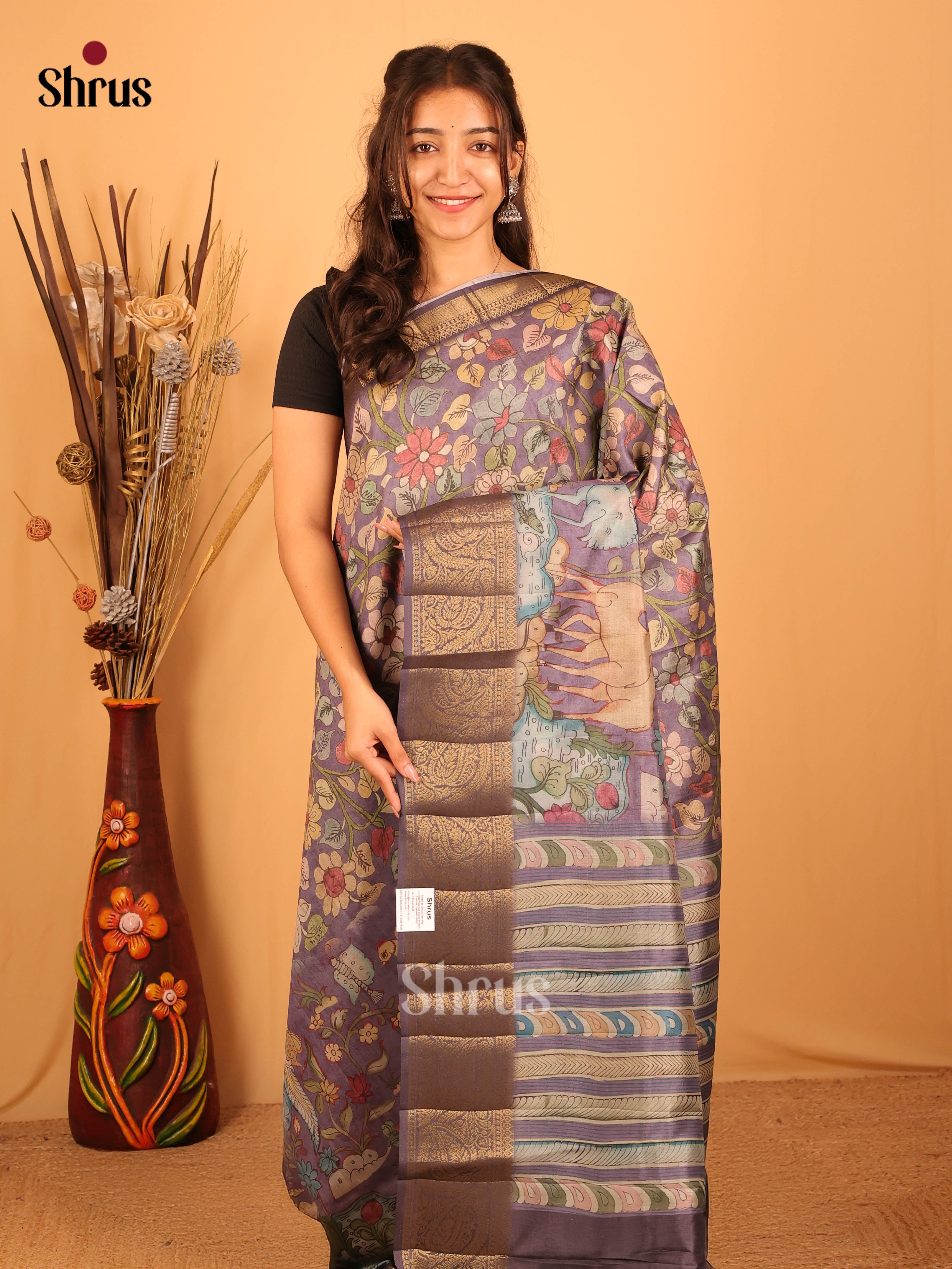 Purple - Chennur-Print Saree - Shop on Shrus.com