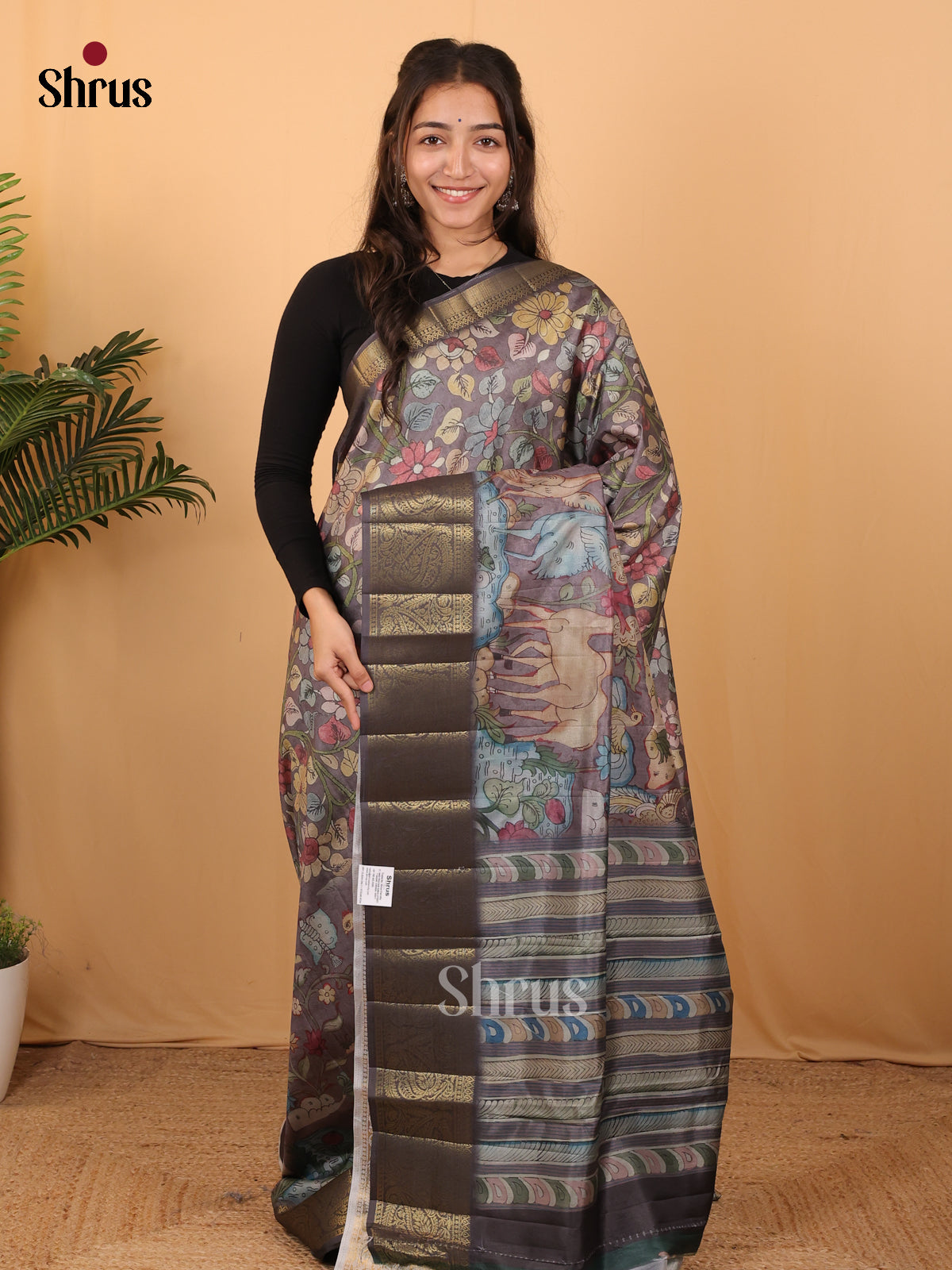 Ash Grey - Chennur-Print Saree - Shop on Shrus.com