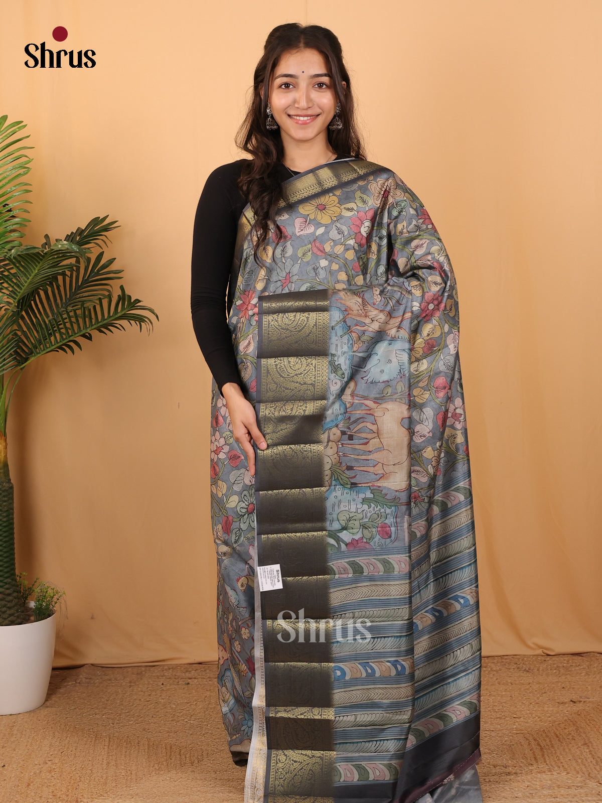 Grey - Chennur-Print Saree - Shop on Shrus.com