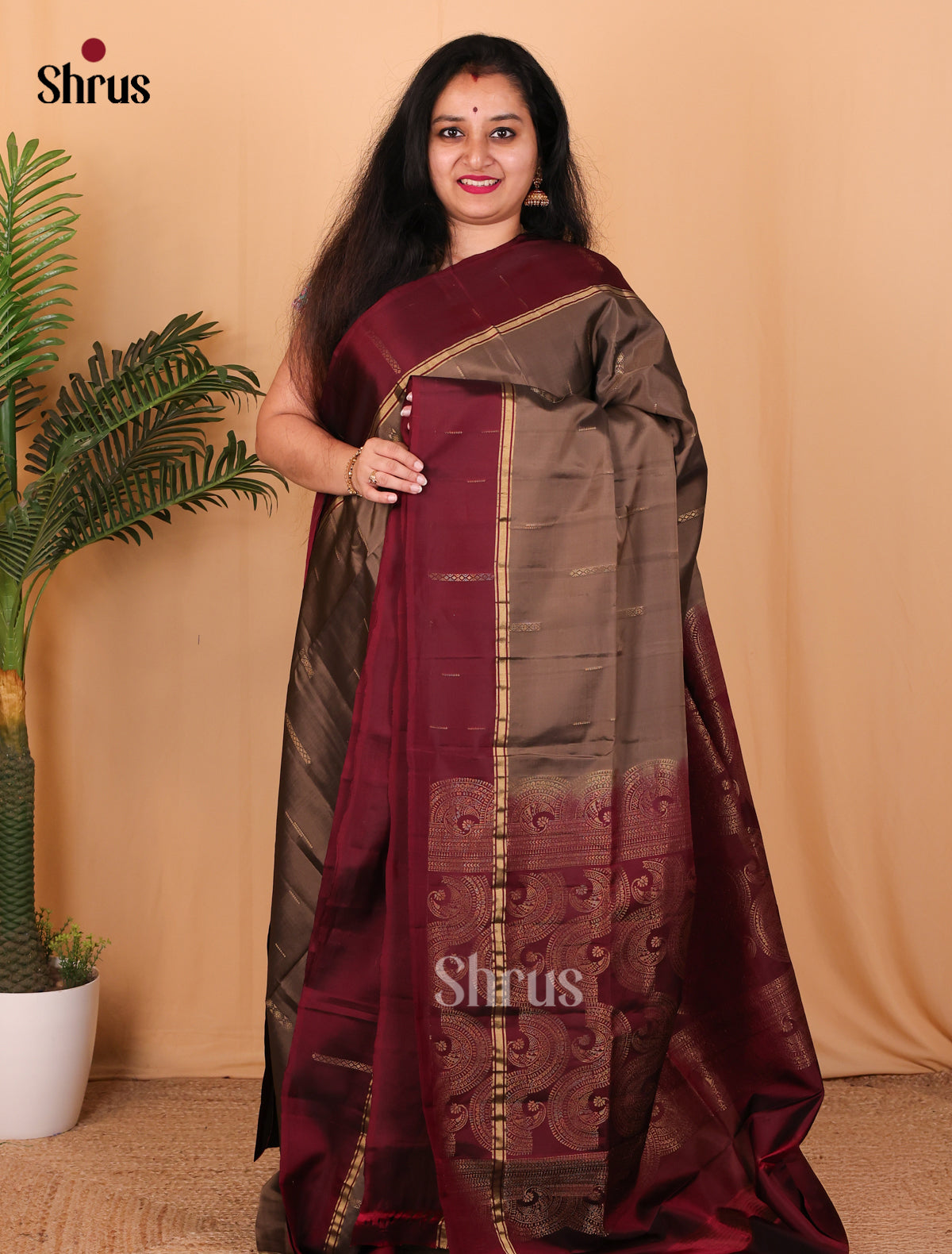 Grey & Maroon - Softsilk-halfpure Saree - Shop on Shrus.com