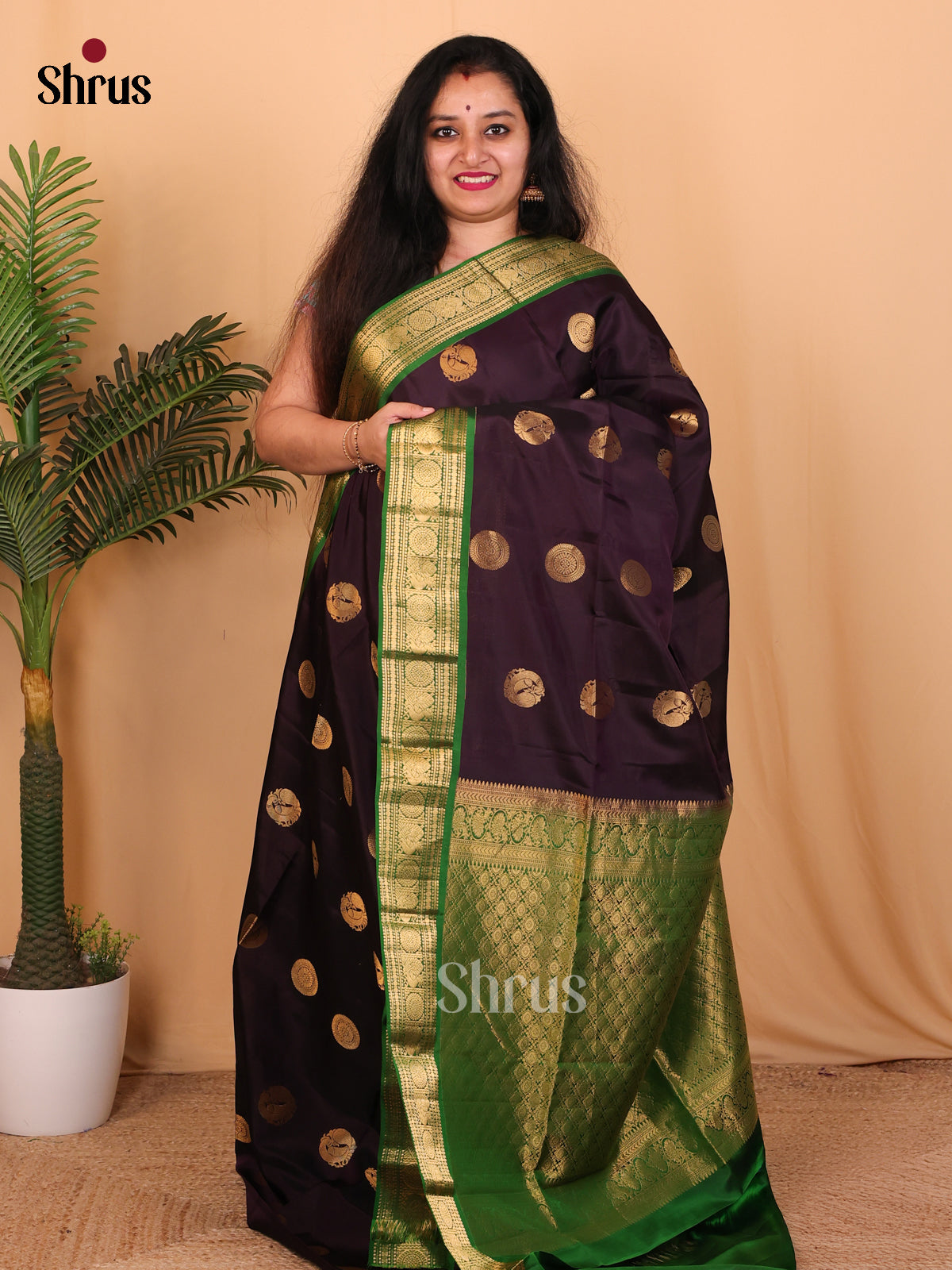 Eggplant & Green - Softsilk-halfpure Saree - Shop on Shrus.com