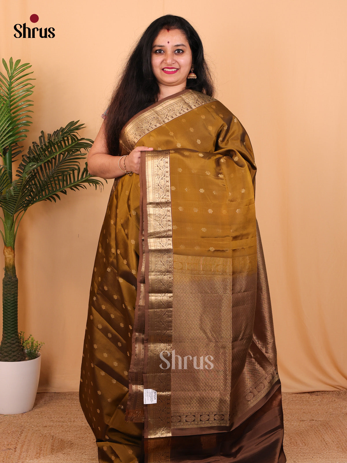 Mehandi & Brown - Softsilk-halfpure Saree - Shop on Shrus.com
