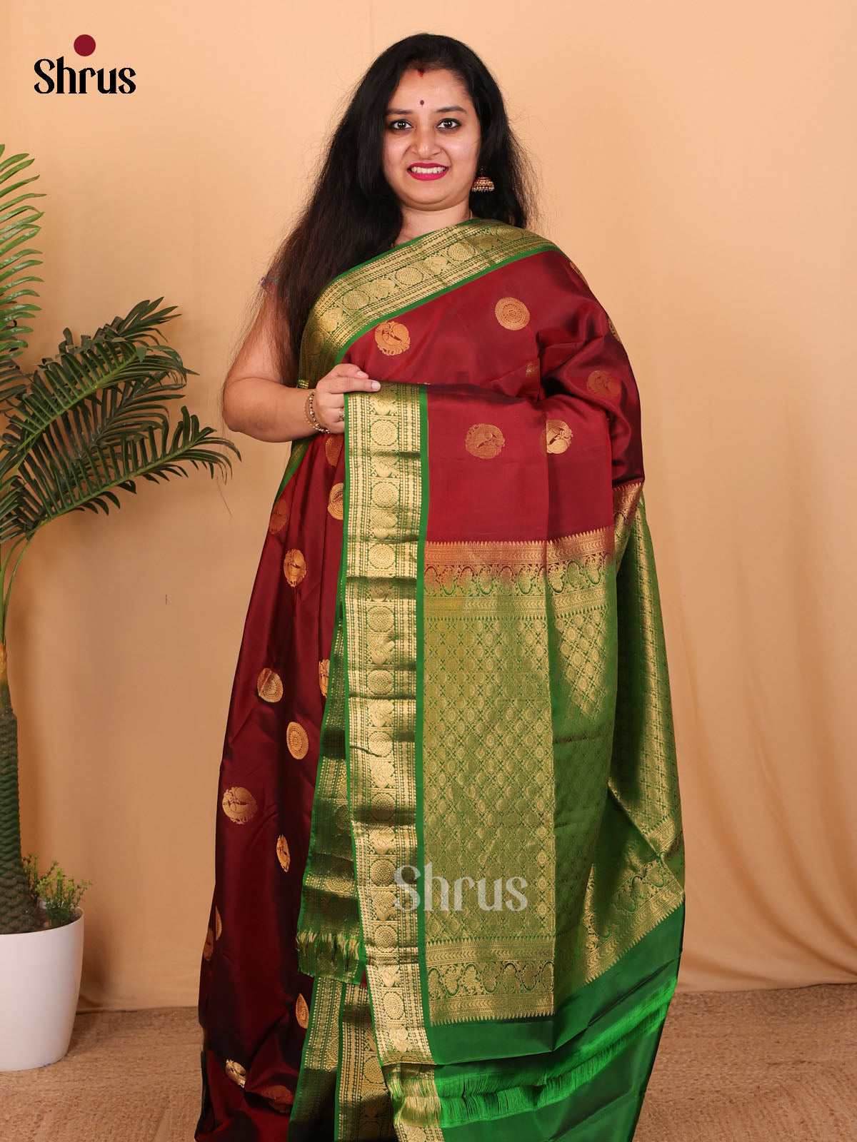 Maroon & Green - Softsilk-halfpure Saree - Shop on Shrus.com
