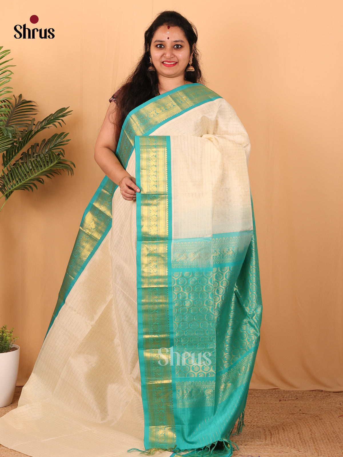 Cream & Teal - Silk Cotton Saree - Shop on Shrus.com