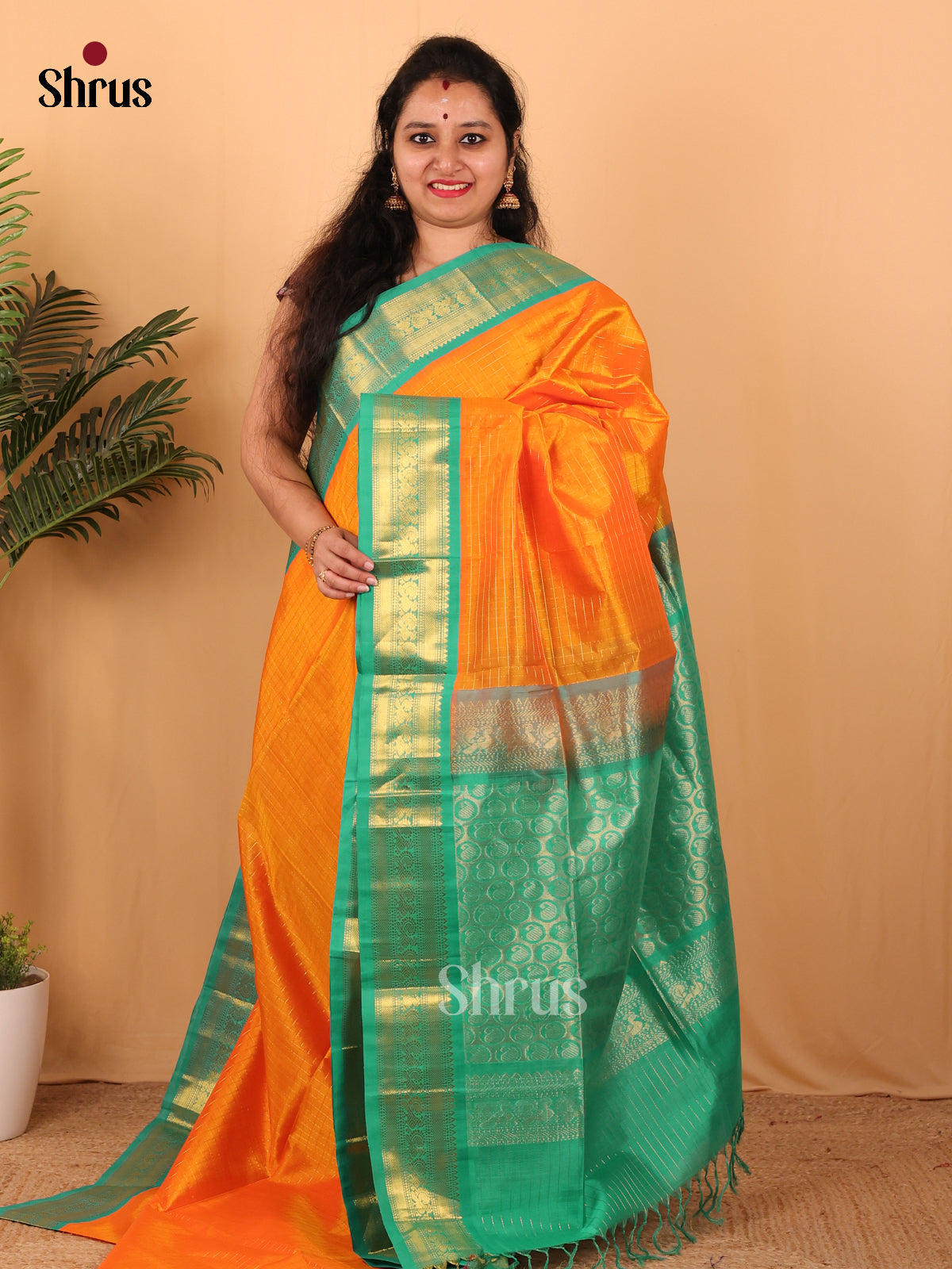 Orange & Green - Silk Cotton Saree - Shop on Shrus.com