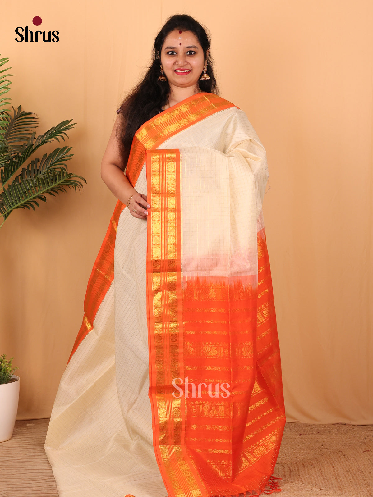 Cream & Orange - Silk Cotton Saree - Shop on Shrus.com
