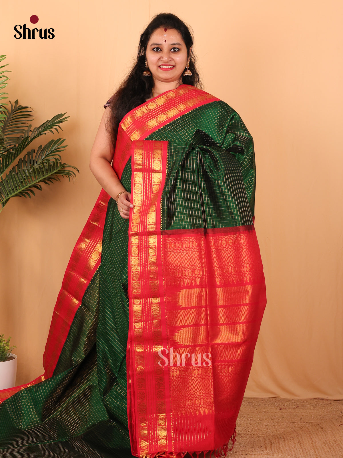 Green & Red- Silk Cotton Saree - Shop on Shrus.com