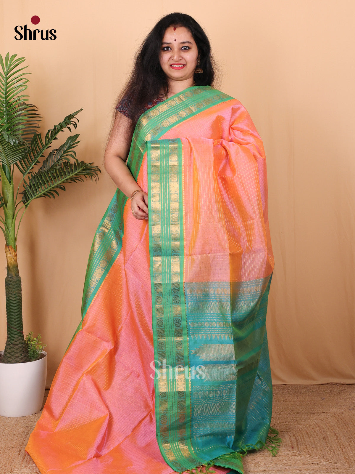 Peachish Pink & Teal - Silk Cotton Saree - Shop on Shrus.com