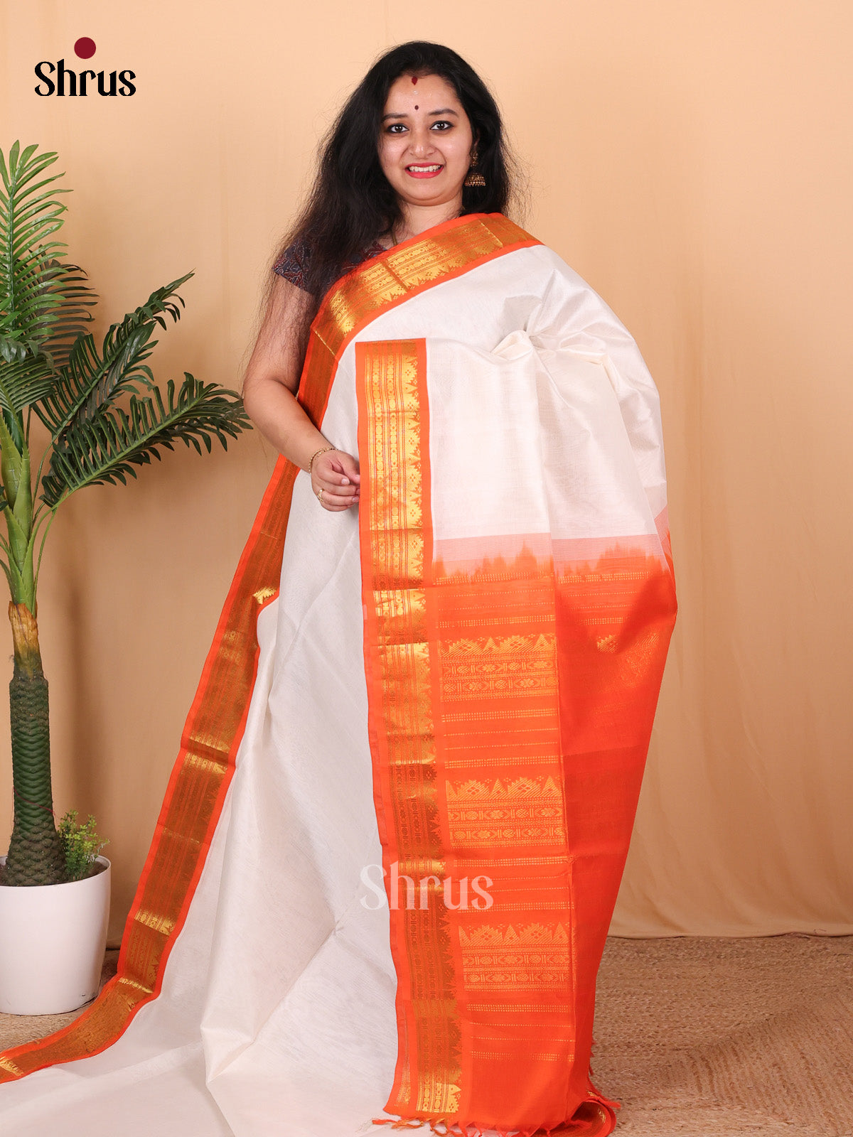 Cream & Orange - Silk Cotton Saree - Shop on Shrus.com