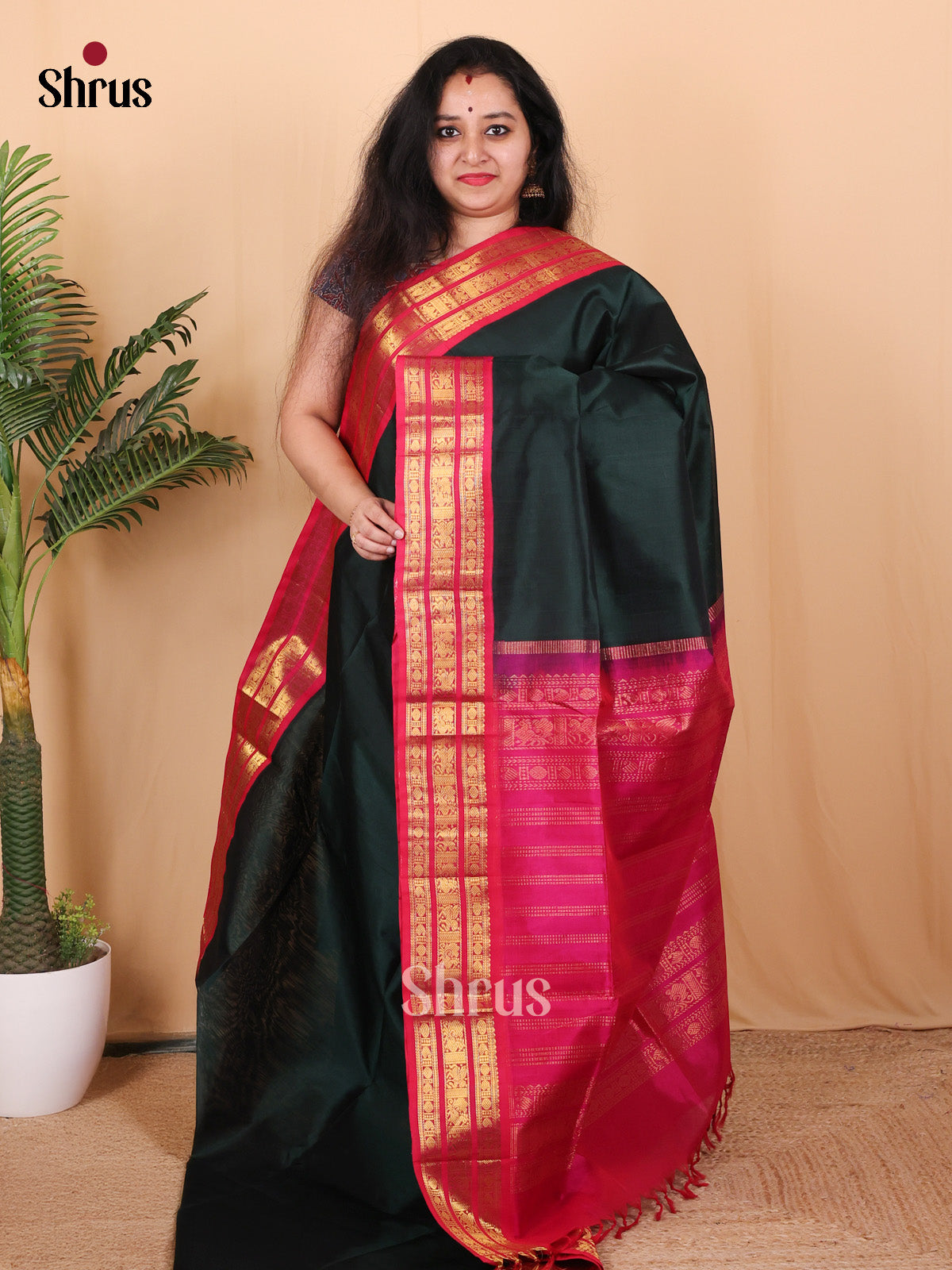 Dark Green & Pink - Silk Cotton Saree - Shop on Shrus.com