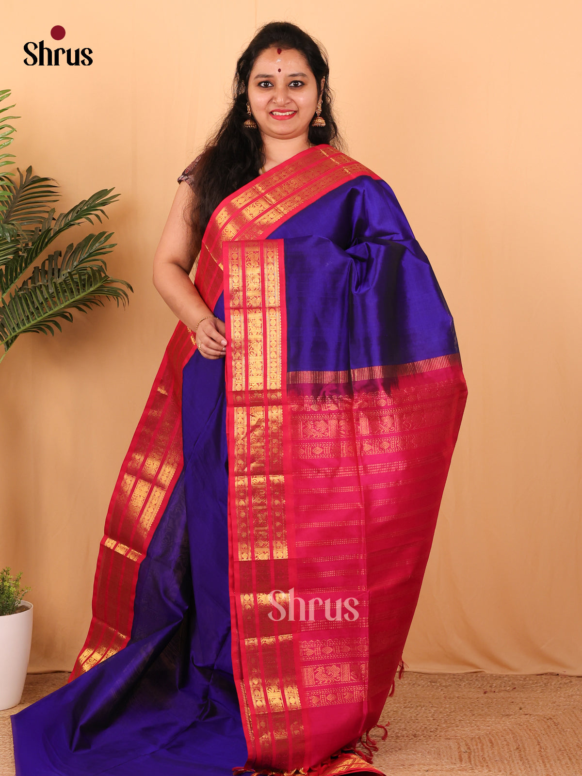 Blue & Pink - Silk Cotton Saree - Shop on Shrus.com