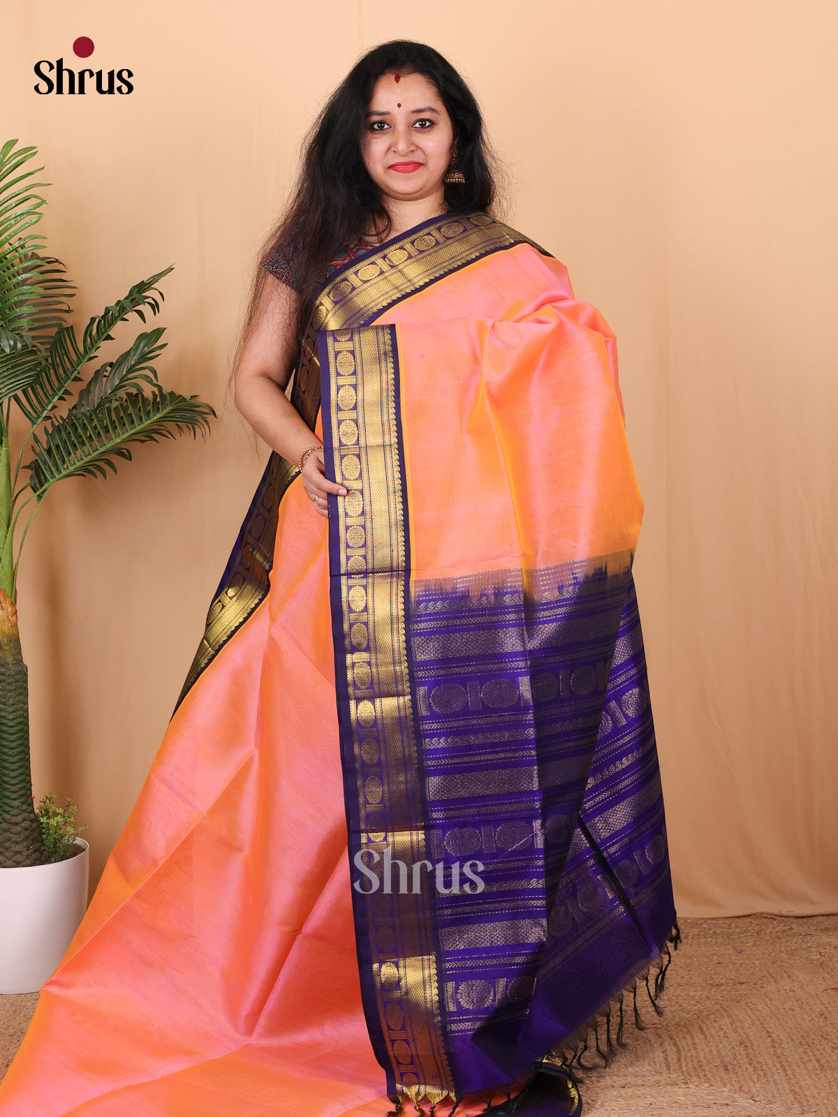 Peach & Blue - Silk Cotton Saree - Shop on Shrus.com