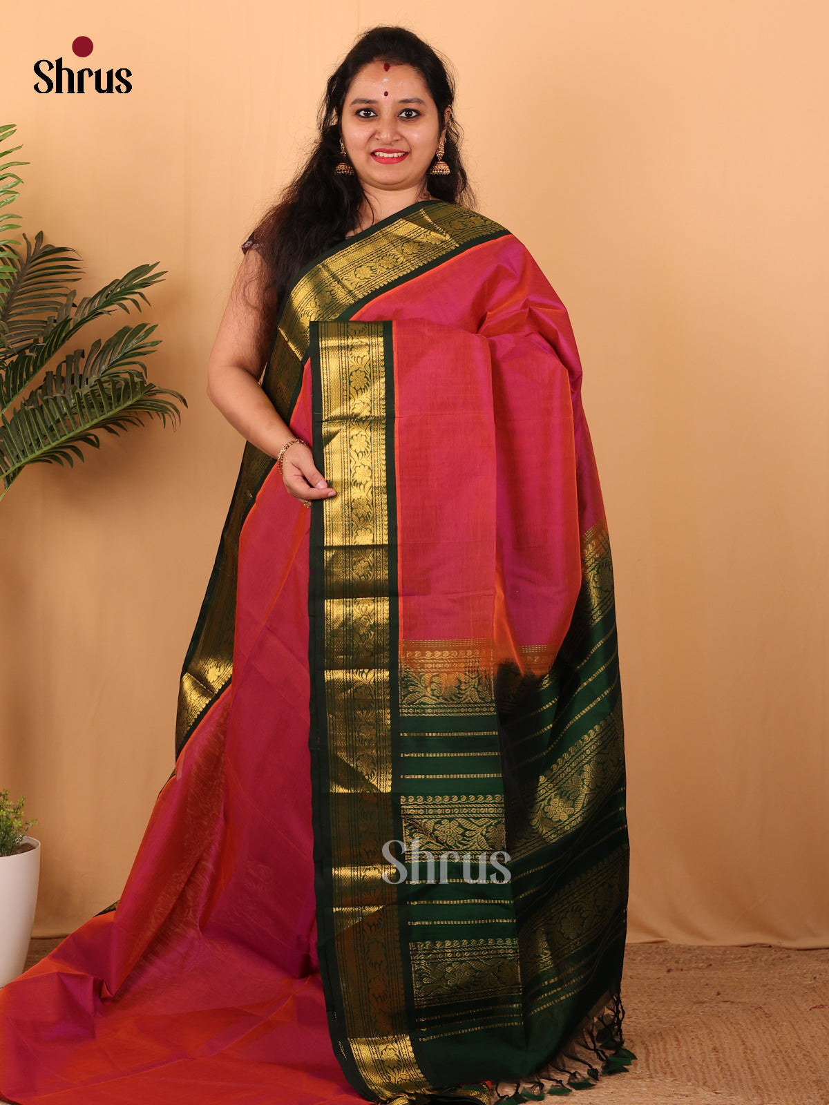 Red & Green - Silk Cotton Saree - Shop on Shrus.com