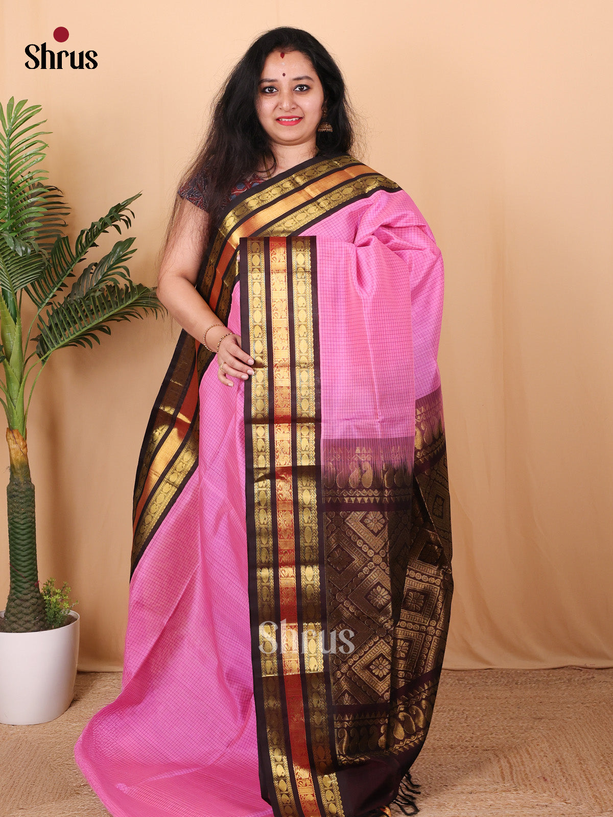 Pink & Brown - Silk Cotton Saree - Shop on Shrus.com