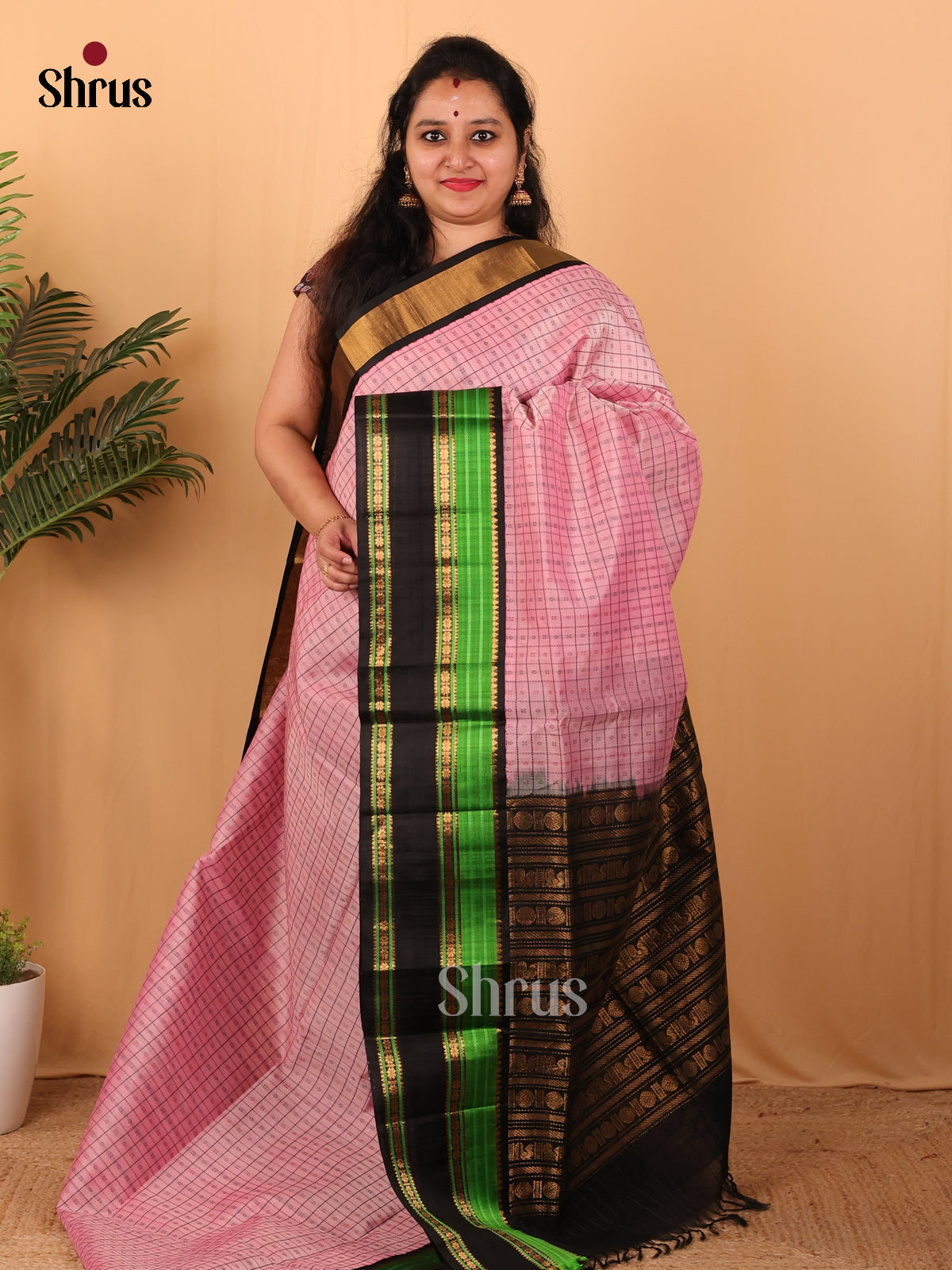 Pink & Black - Silk Cotton Saree - Shop on Shrus.com