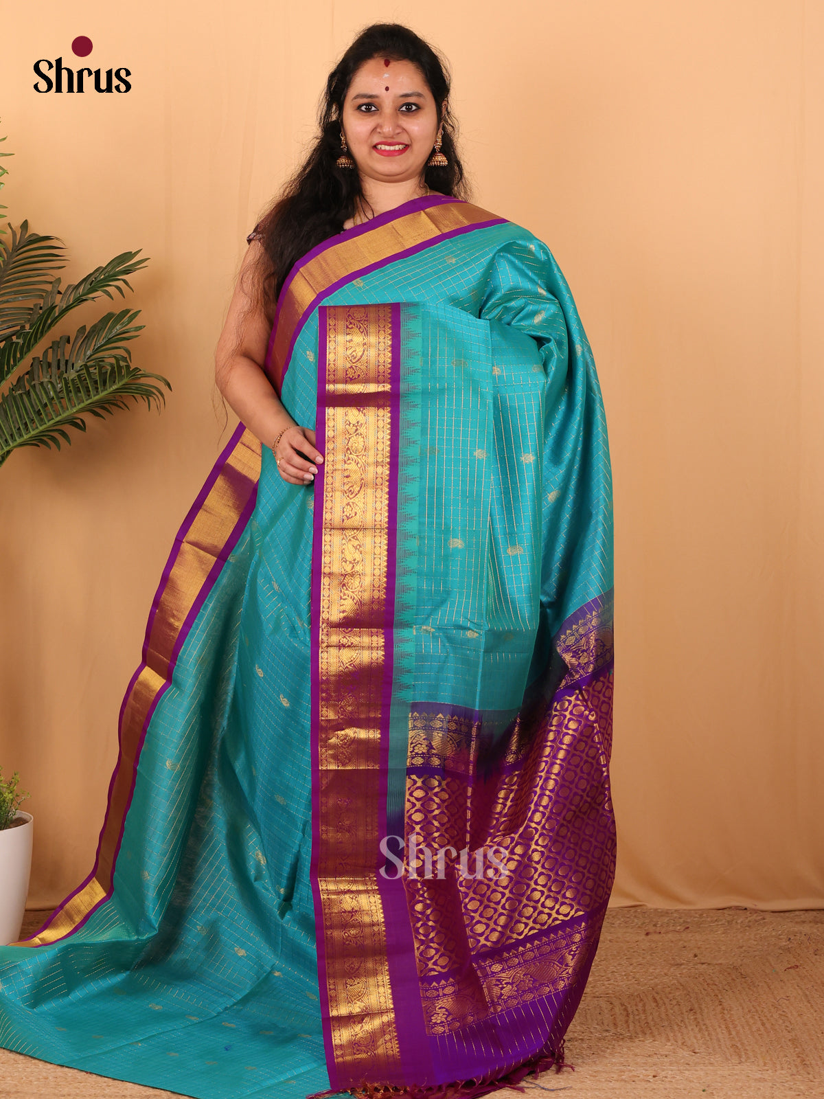 Blue & Purple - Silk Cotton Saree - Shop on Shrus.com