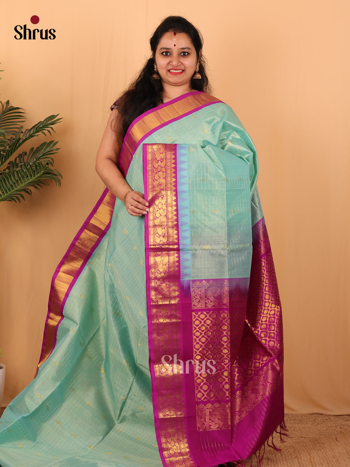 Pastel Blue & Majenta - Silk Cotton Saree - Shop on Shrus.com
