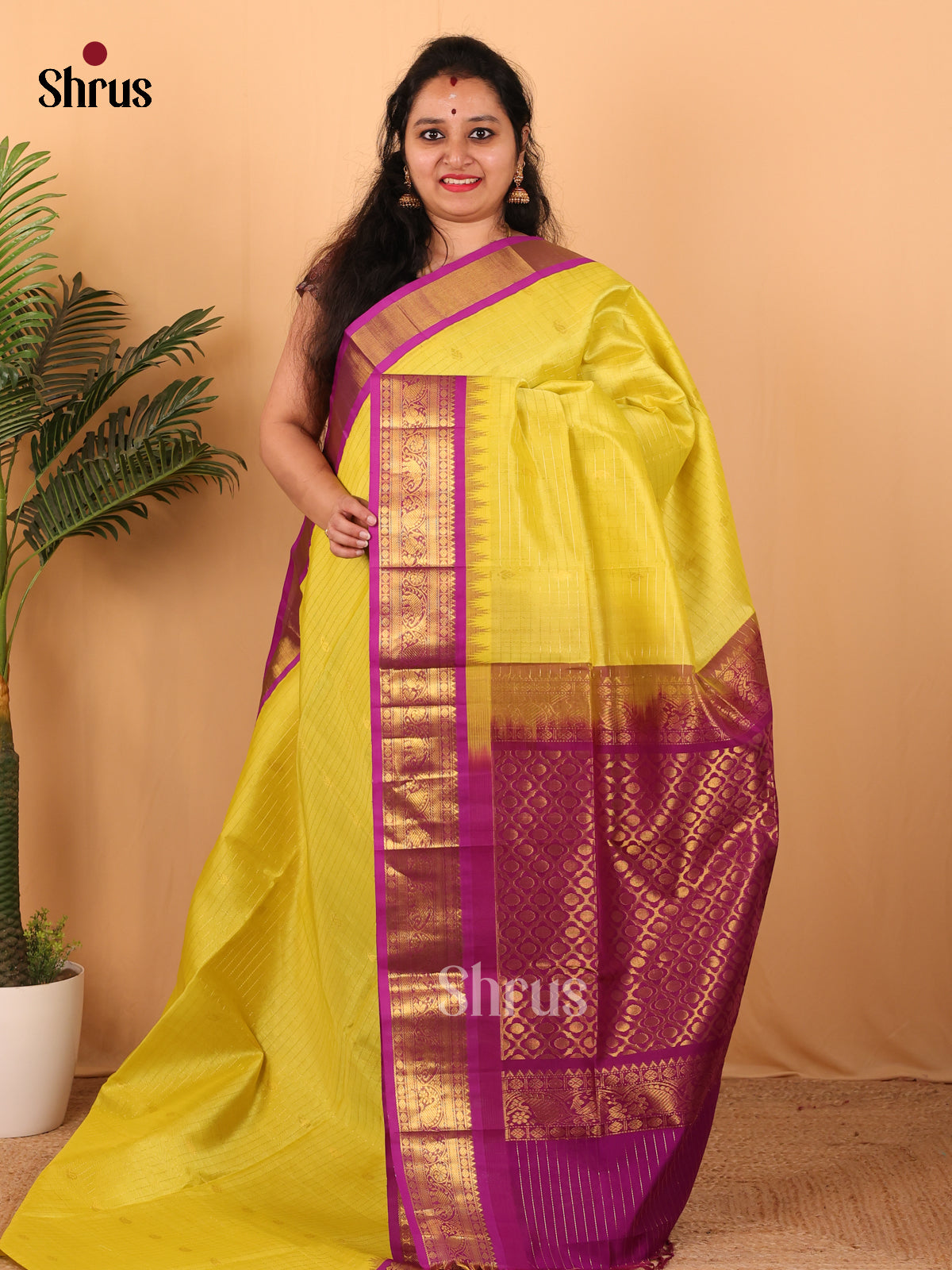 Yellow & Majenta - Silk Cotton Saree - Shop on Shrus.com