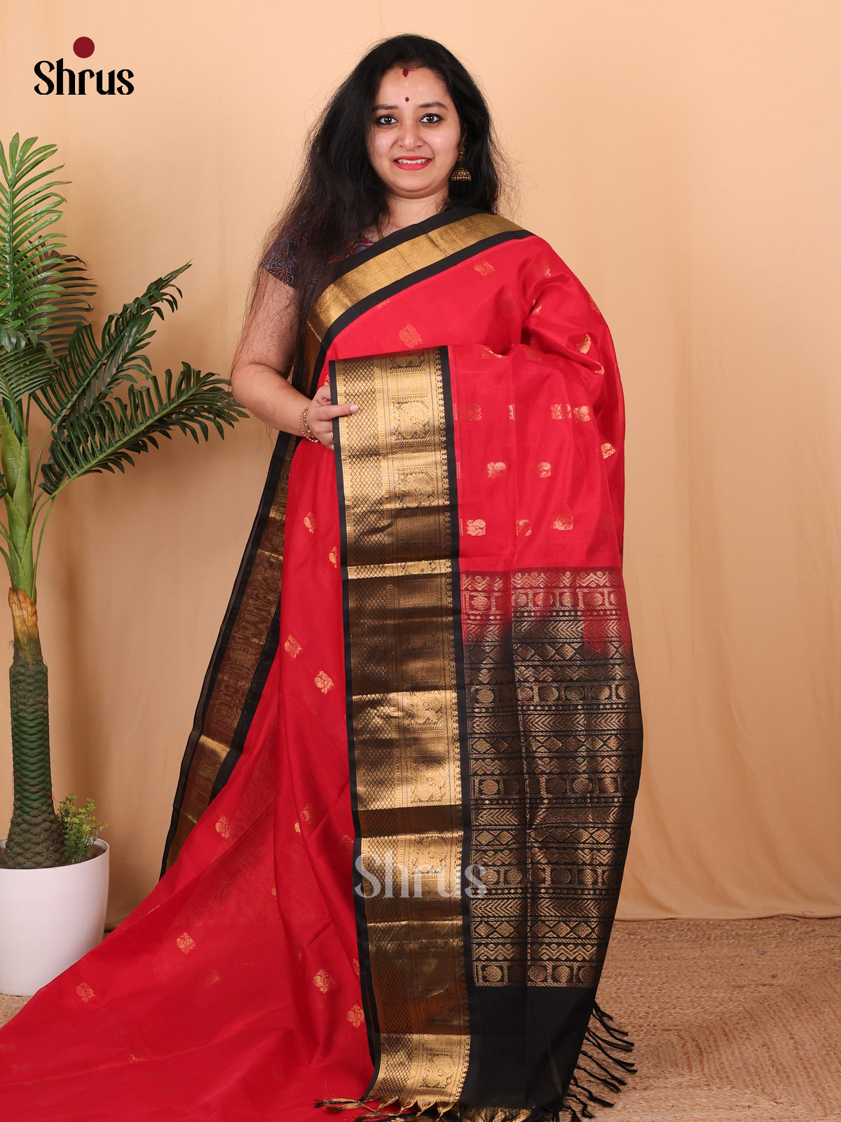 Red & Black - Silk Cotton Saree - Shop on Shrus.com