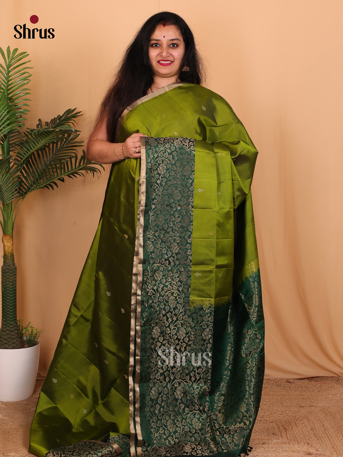 Leaf Green & Green - Soft Silk Saree - Shop on Shrus.com
