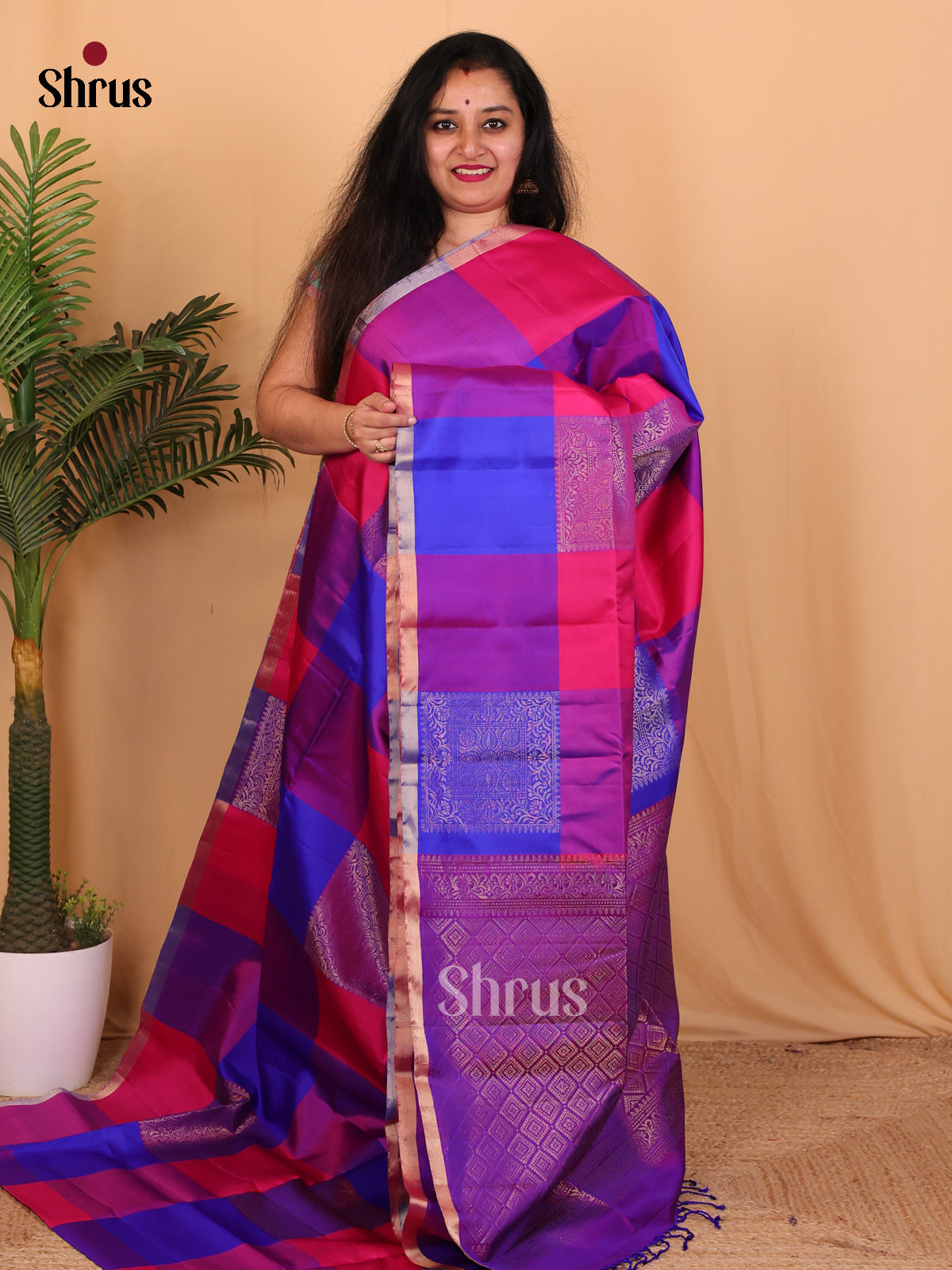 Vibrant Red & Purple Checked Soft Silk Saree with Zari, Opulent Border & Brocade Pallu-1