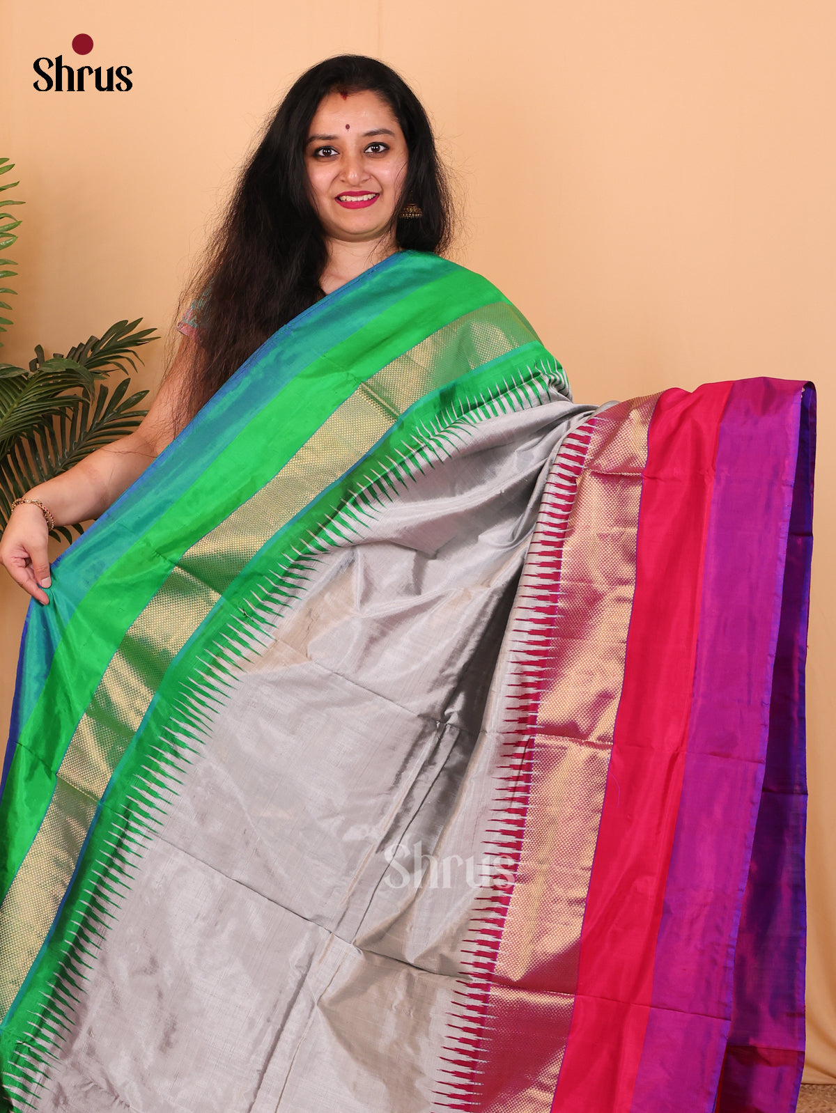 Grey & Purple - Ikkat Silk Saree - Shop on Shrus.com