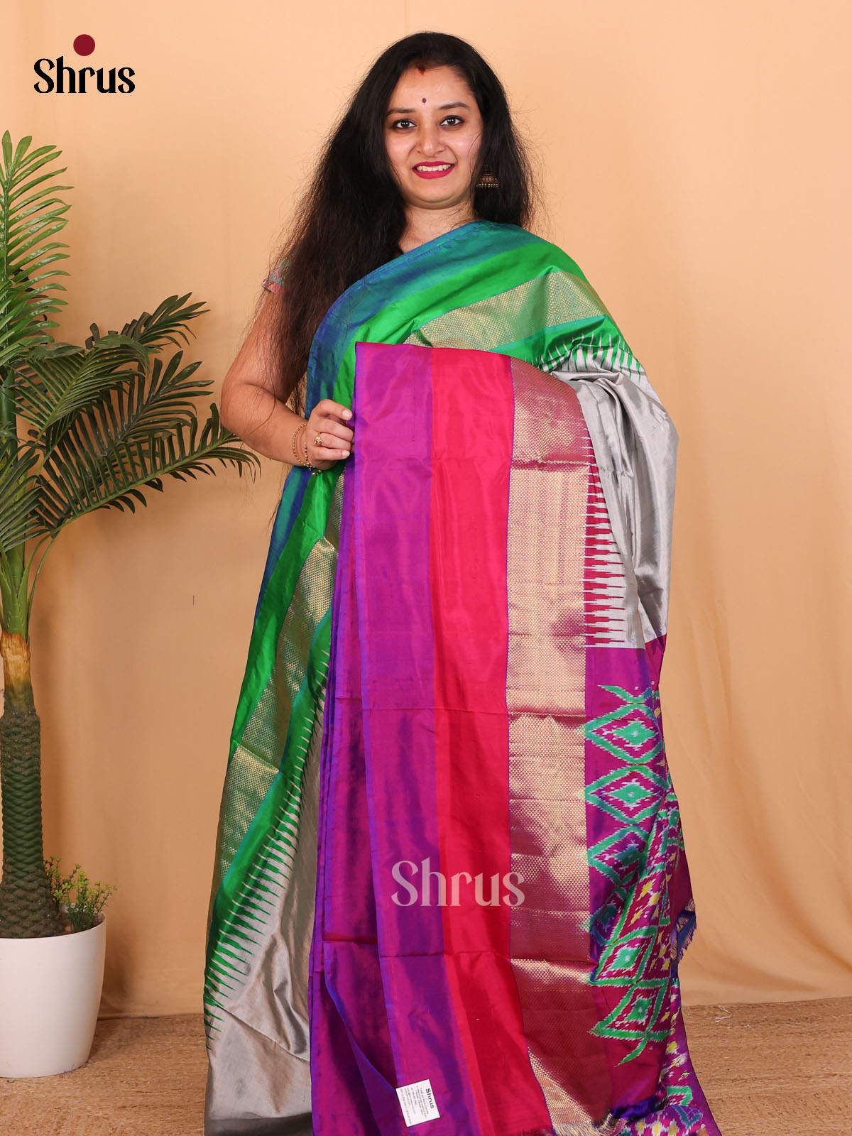 Grey & Purple - Ikkat Silk Saree - Shop on Shrus.com