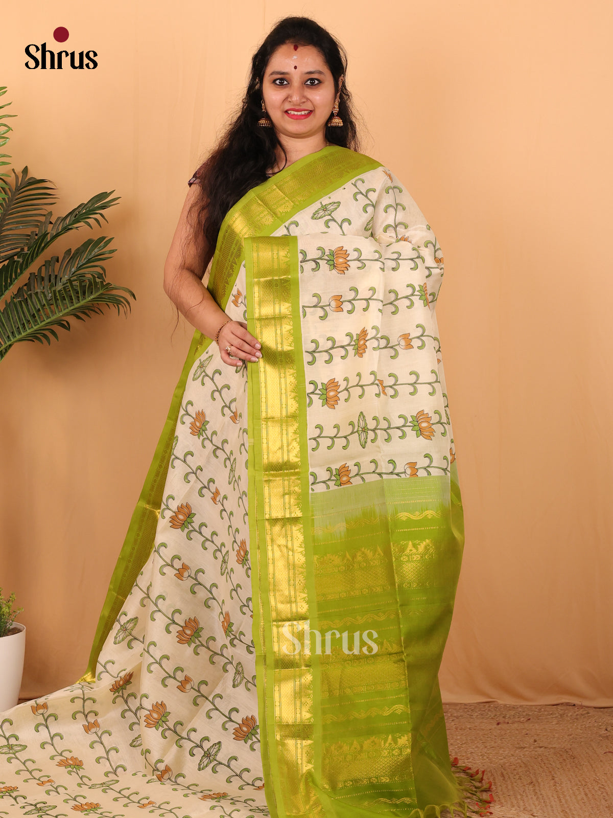 Cream & Green - Hindolam Saree - Shop on Shrus.com