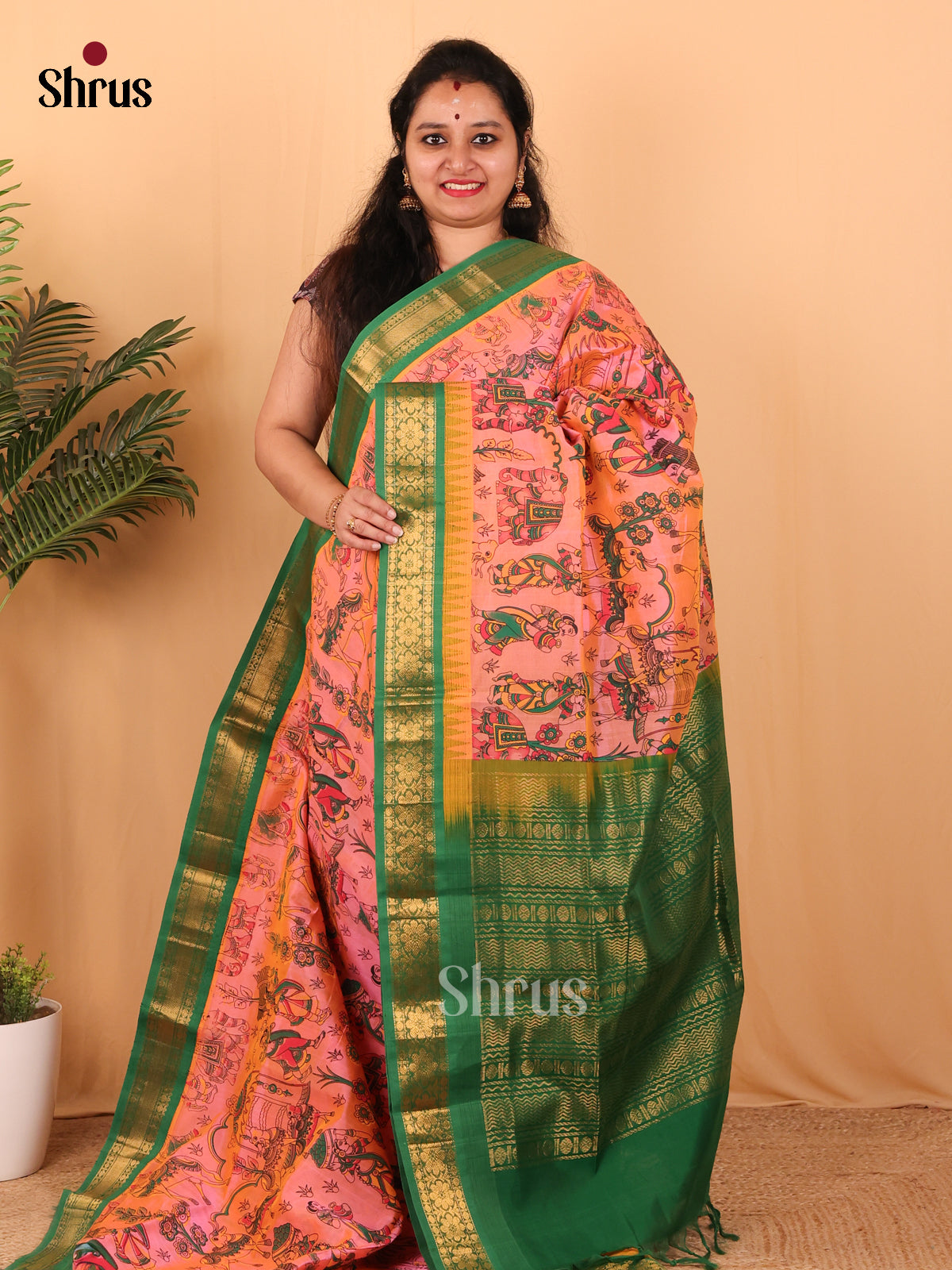 Peachish Pink & Green - Hindolam Saree - Shop on Shrus.com