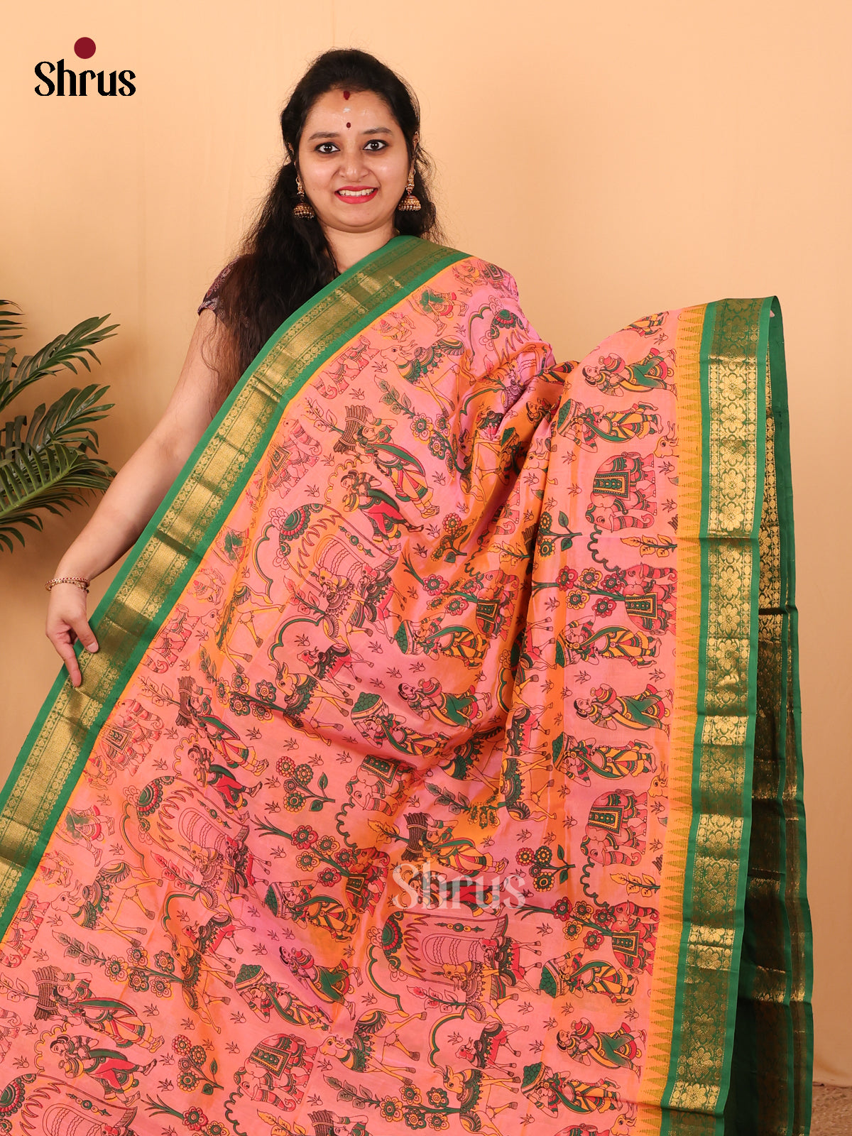 Peachish Pink & Green - Hindolam Saree - Shop on Shrus.com