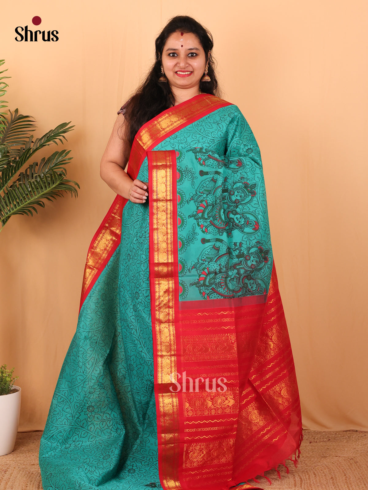 Teal & Red - Hindolam Saree - Shop on Shrus.com