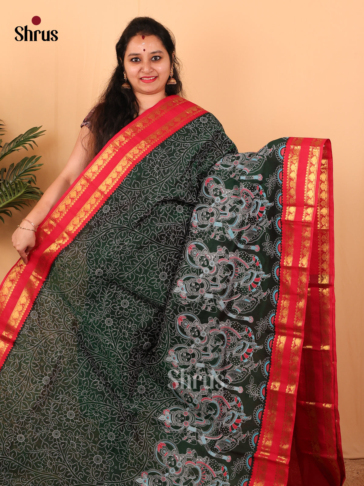 Dark Green & Red - Hindolam Saree -1