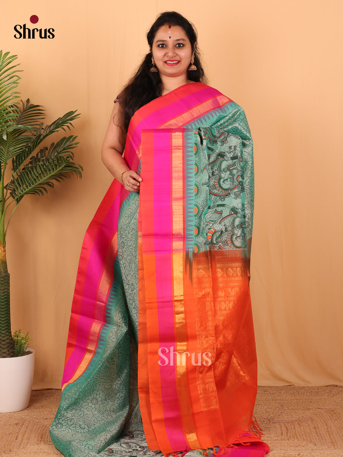 Pastel Green & Orange - Hindolam Saree - Shop on Shrus.com