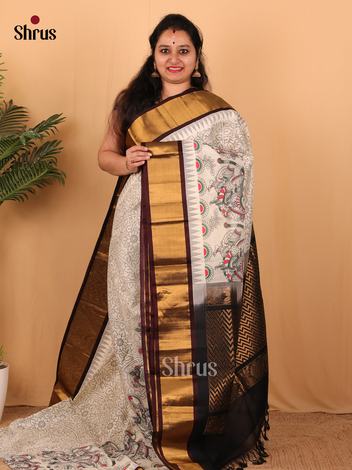 Cream & Brown - Hindolam Saree - Shop on Shrus.com