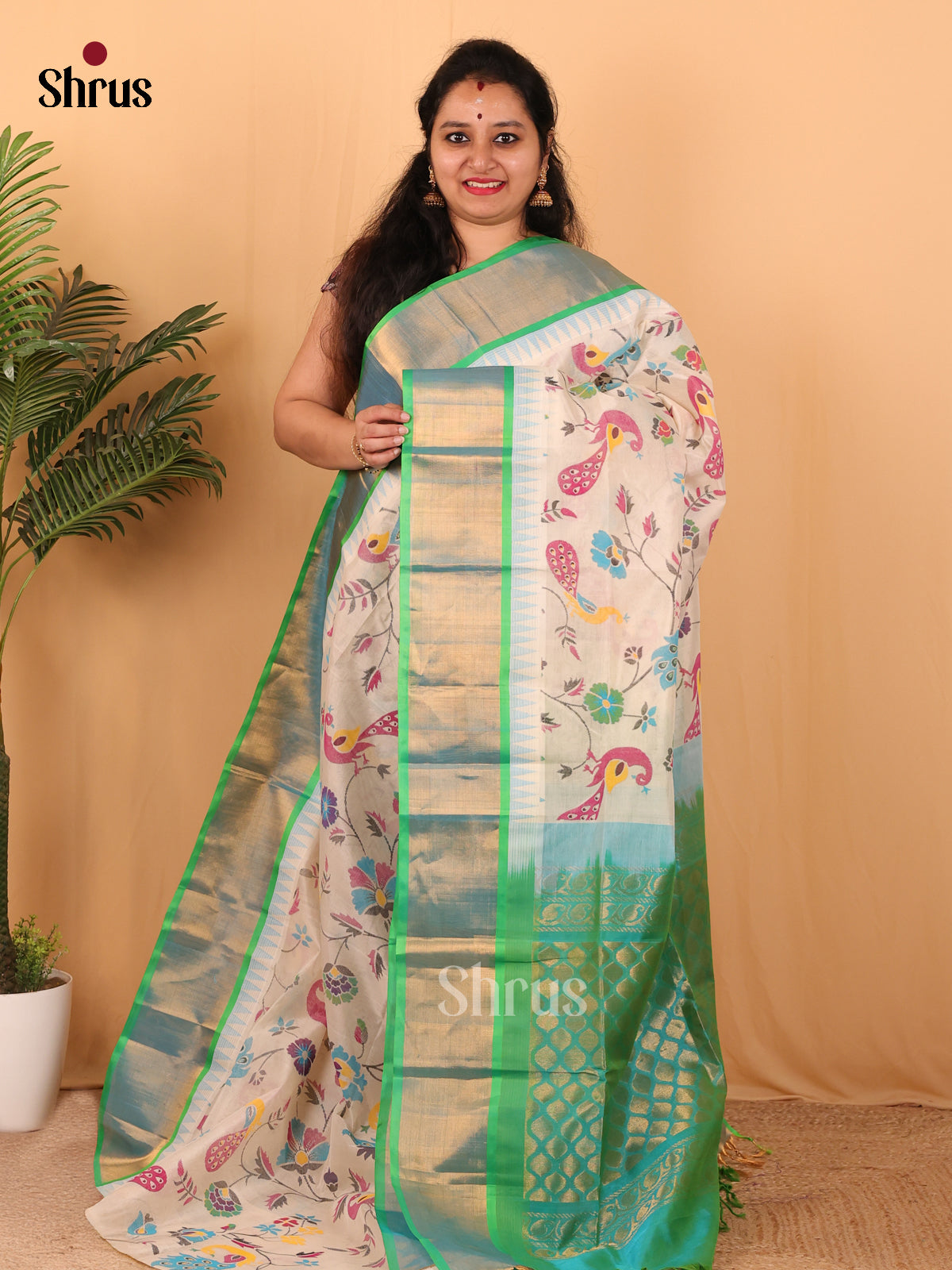 Cream & Teal - Hindolam Saree - Shop on Shrus.com