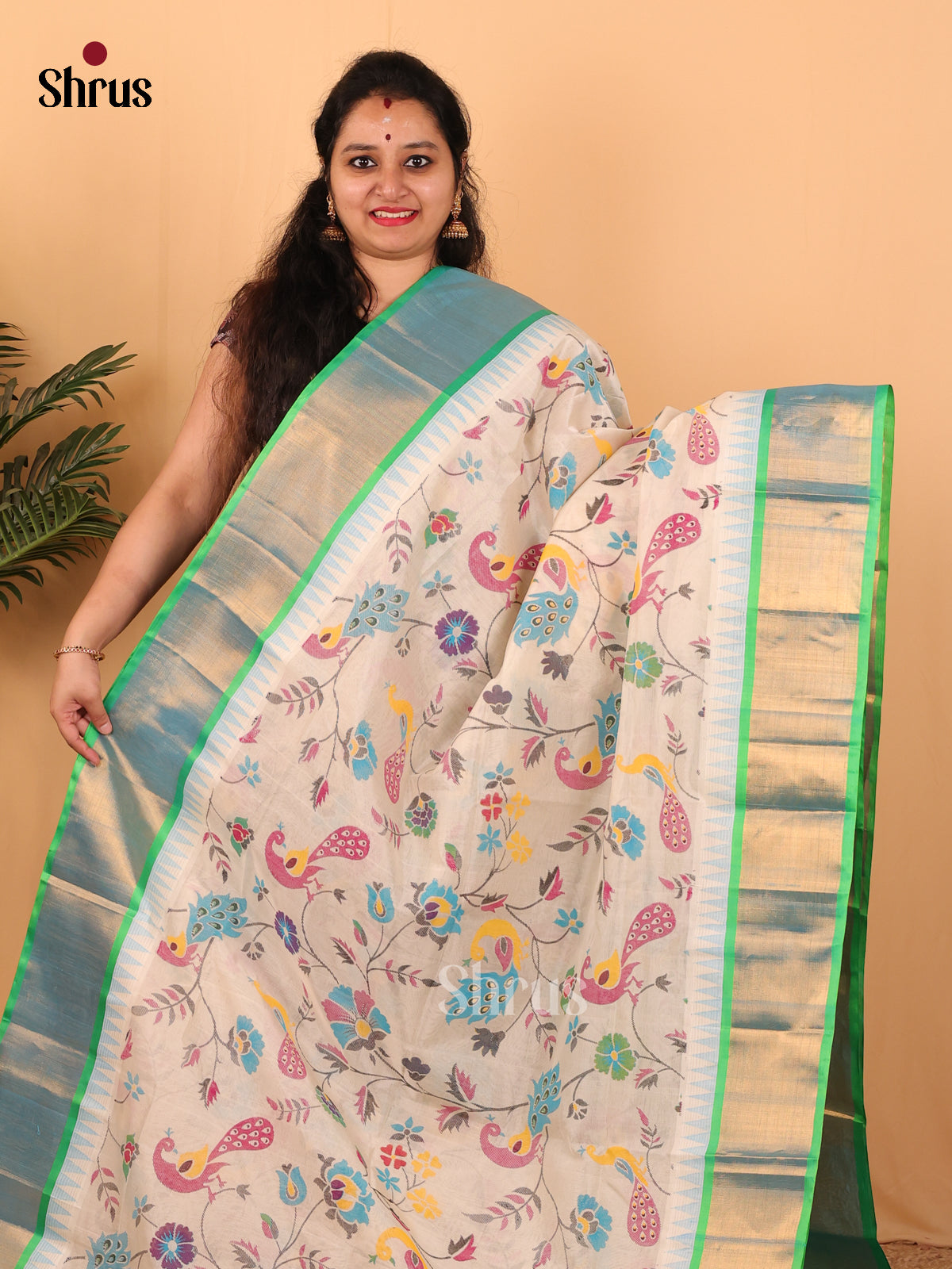 Cream & Teal - Hindolam Saree - Shop on Shrus.com