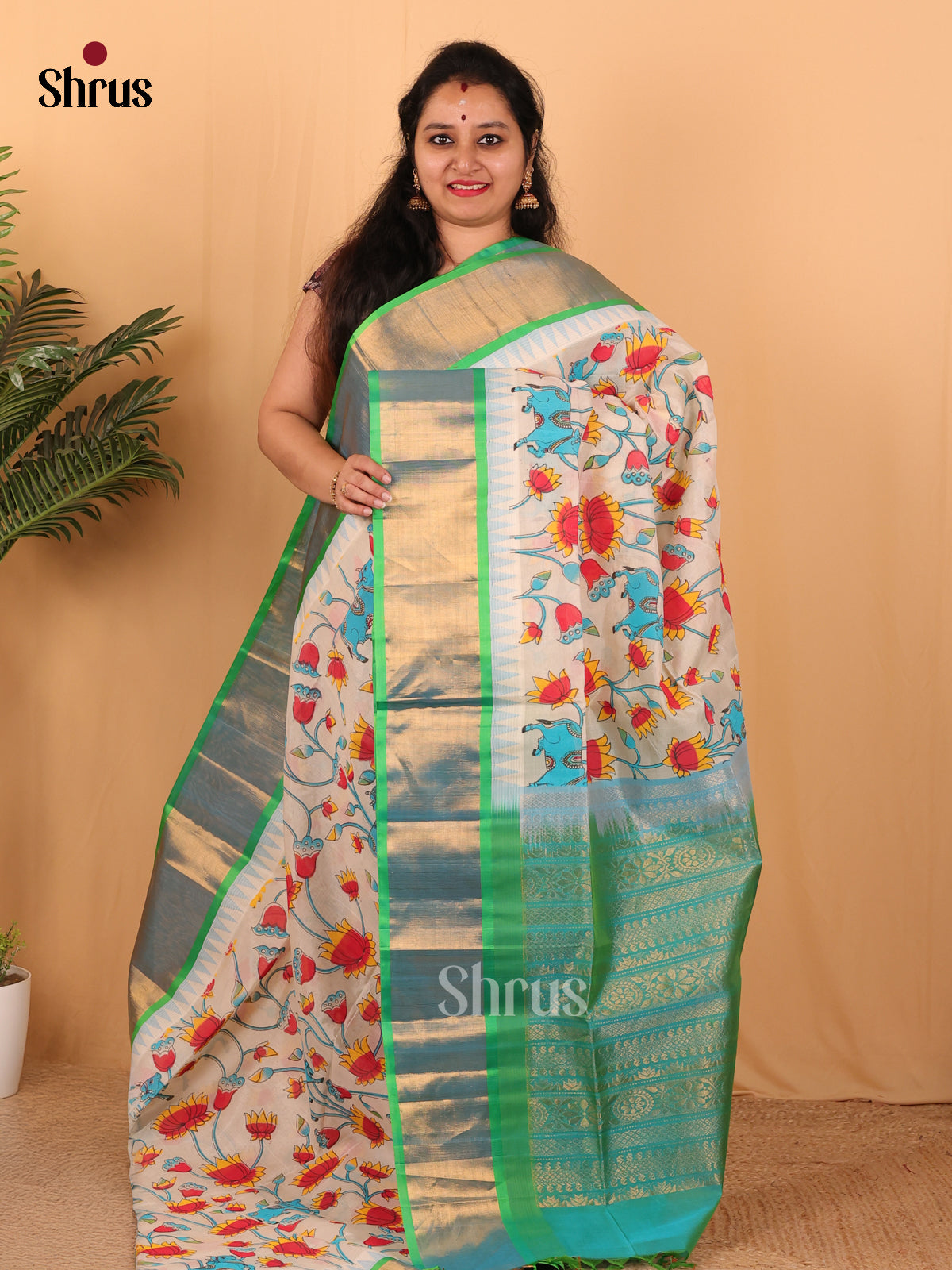 Cream & Teal - Hindolam Saree - Shop on Shrus.com
