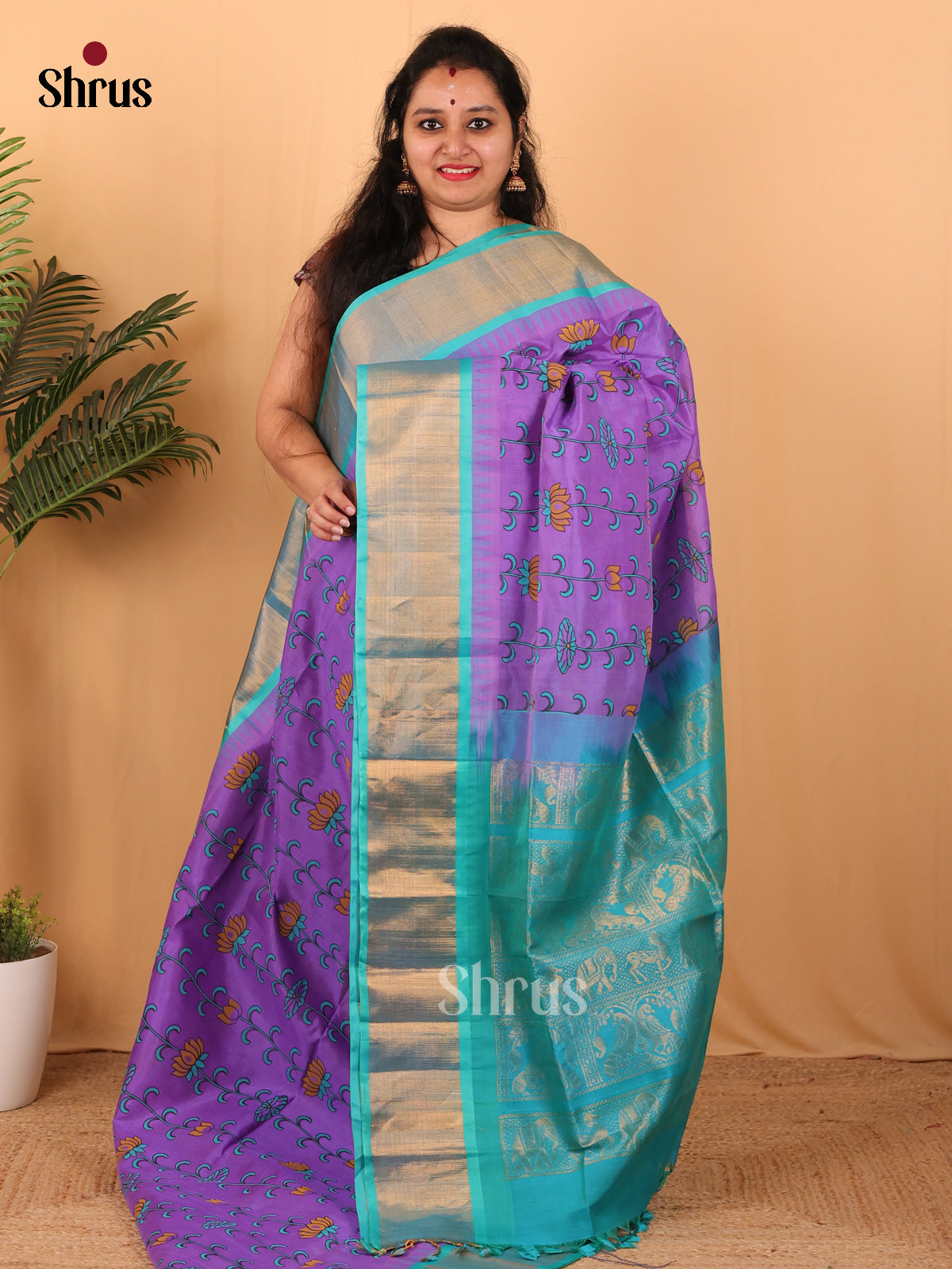 Dark Lavender & Teal - Hindolam Saree - Shop on Shrus.com