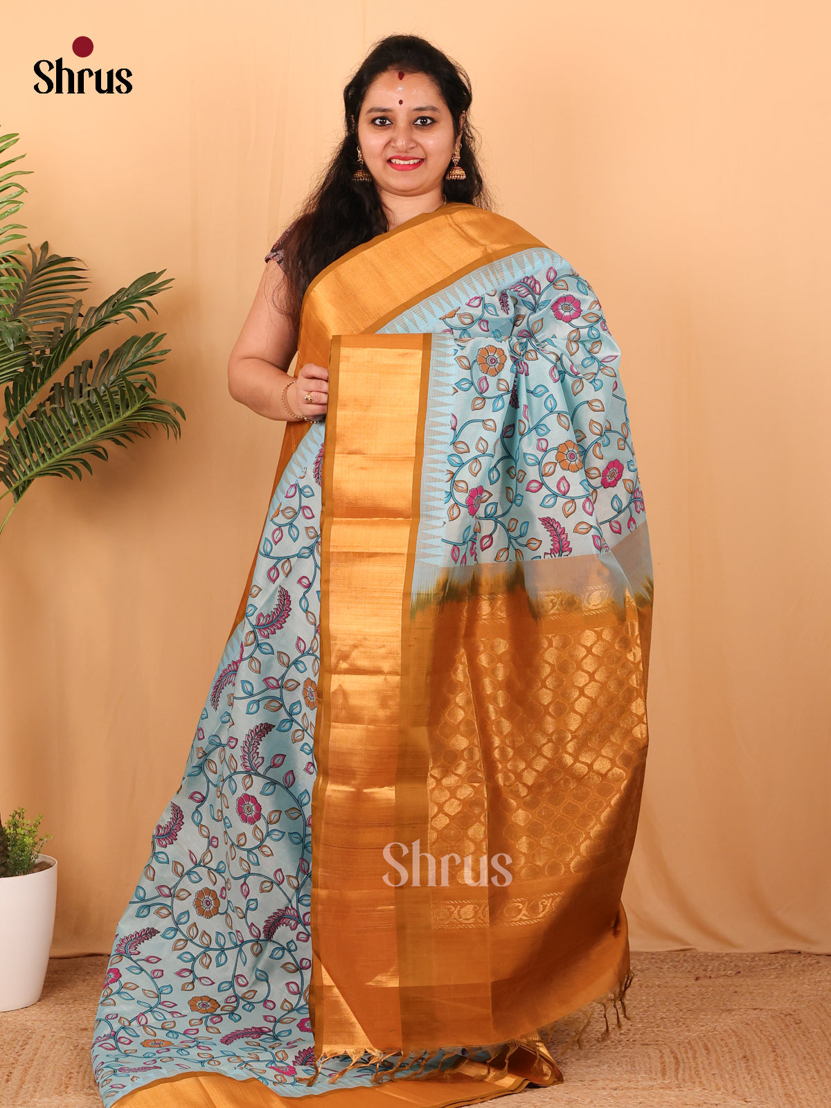 Pastel Blue & Dark Mustard - Hindolam Saree - Shop on Shrus.com