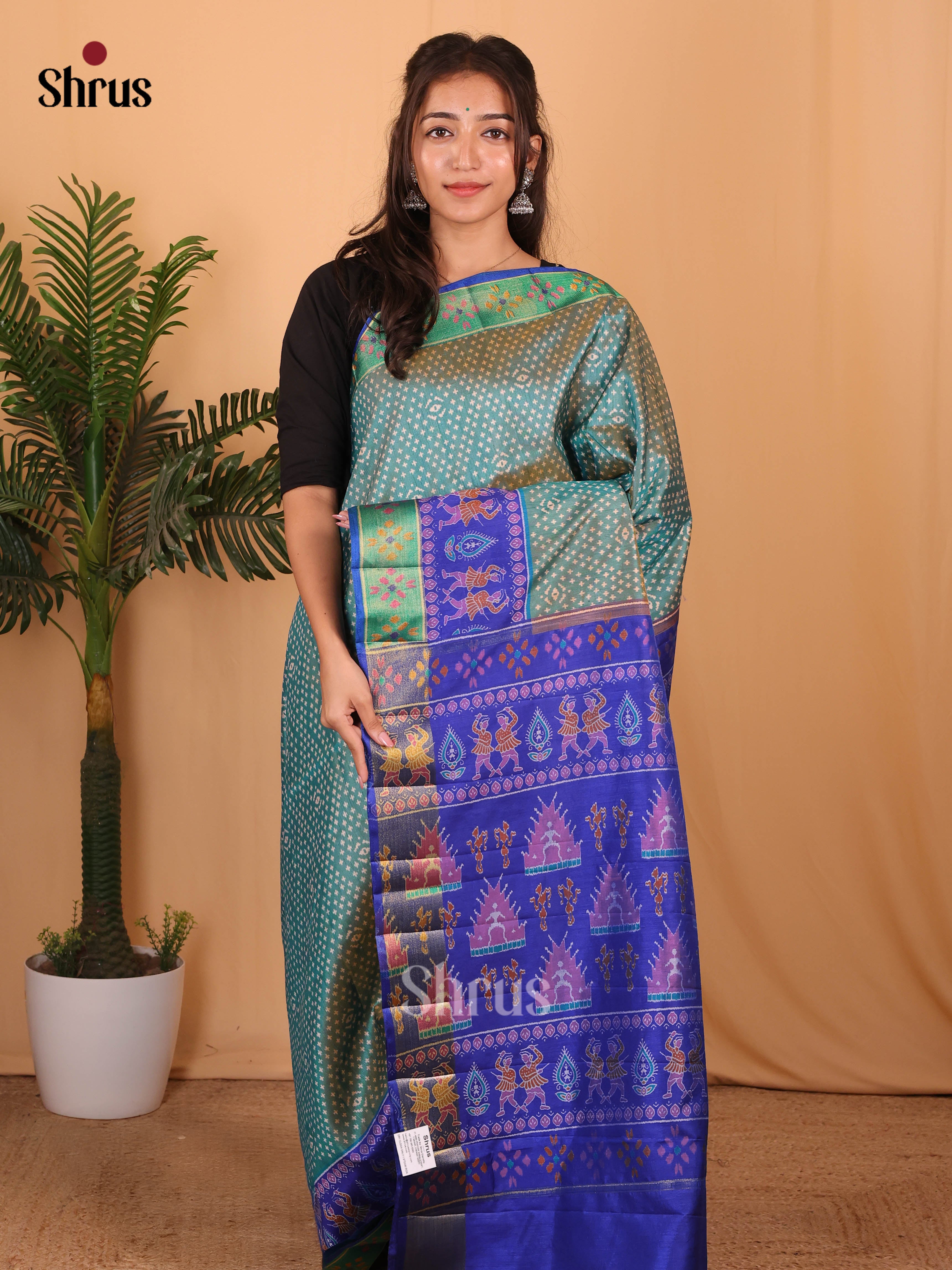 Green & Blue - Semi Patola Saree - Shop on Shrus.com